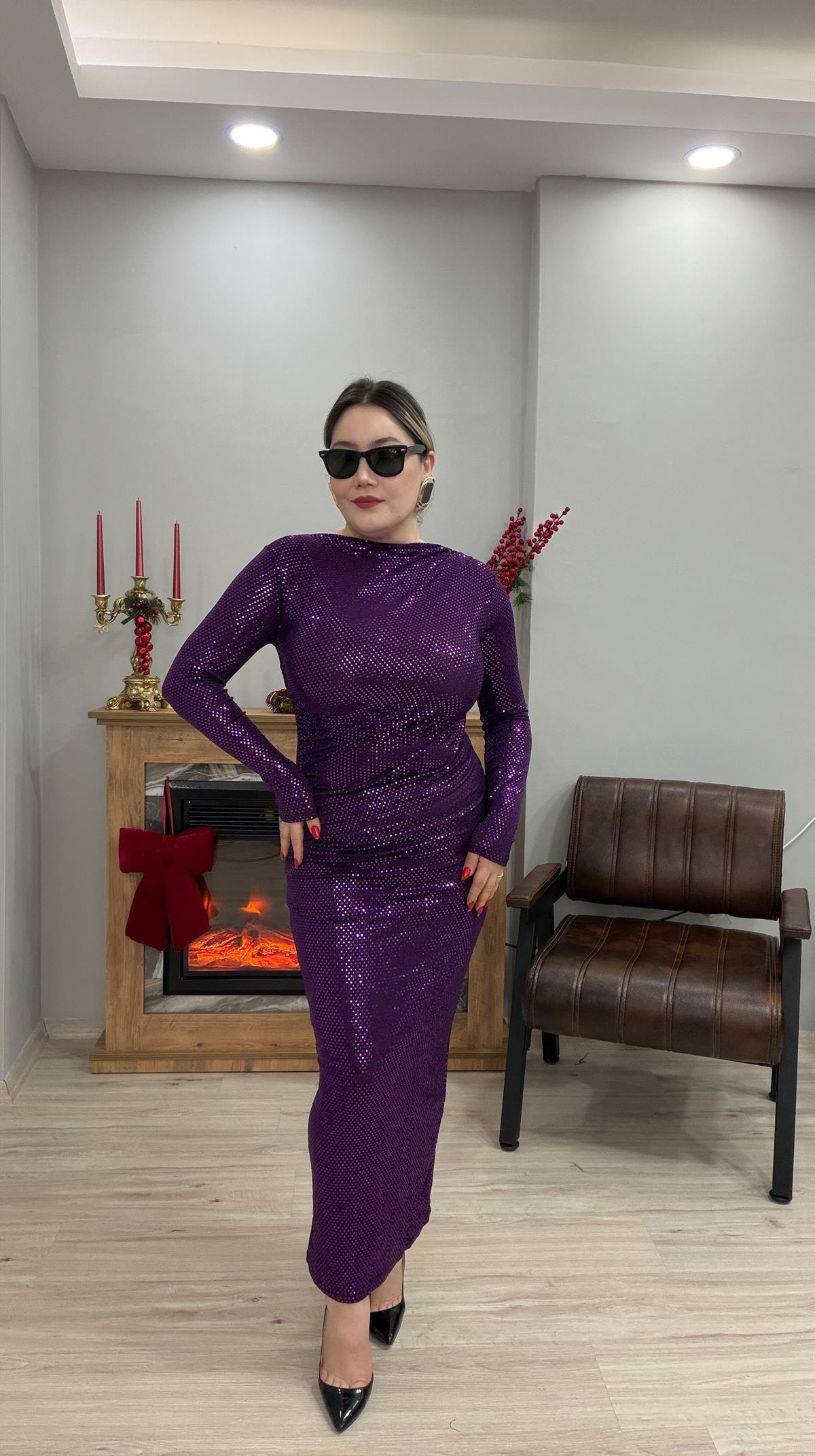 DRAPE DETAYLI PAYETLİ ELBİSE MOR