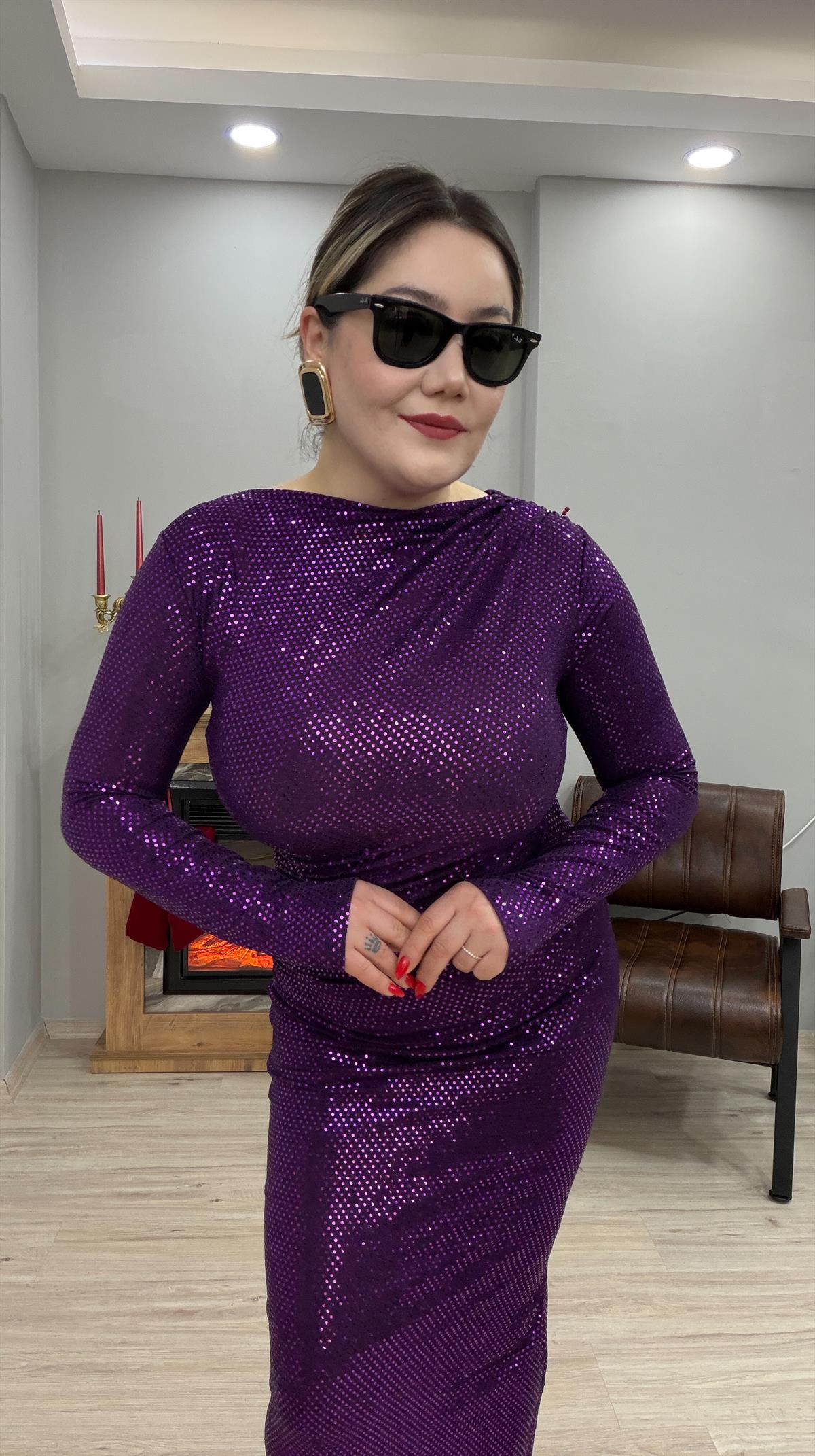 DRAPE DETAYLI PAYETLİ ELBİSE MOR