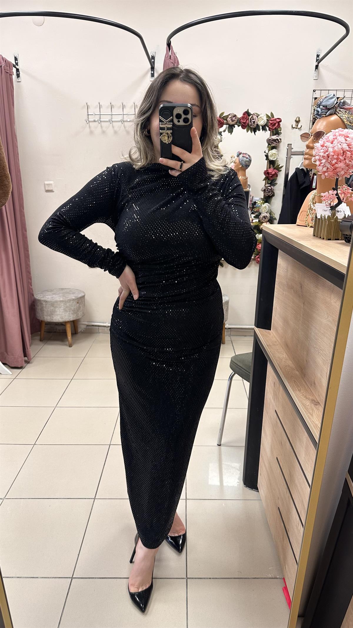 DRAPE DETAYLI PAYETLİ ELBİSE SİYAH