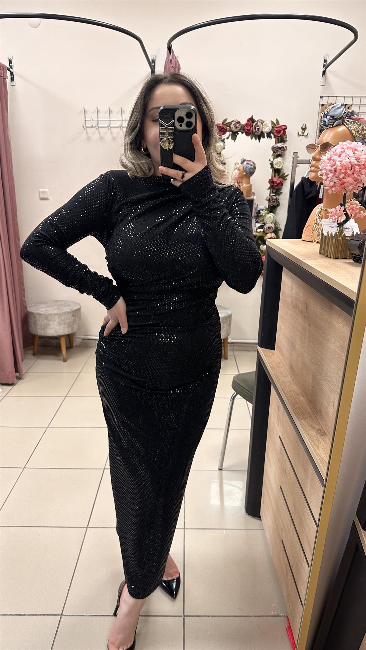 DRAPE DETAYLI PAYETLİ ELBİSE SİYAH
