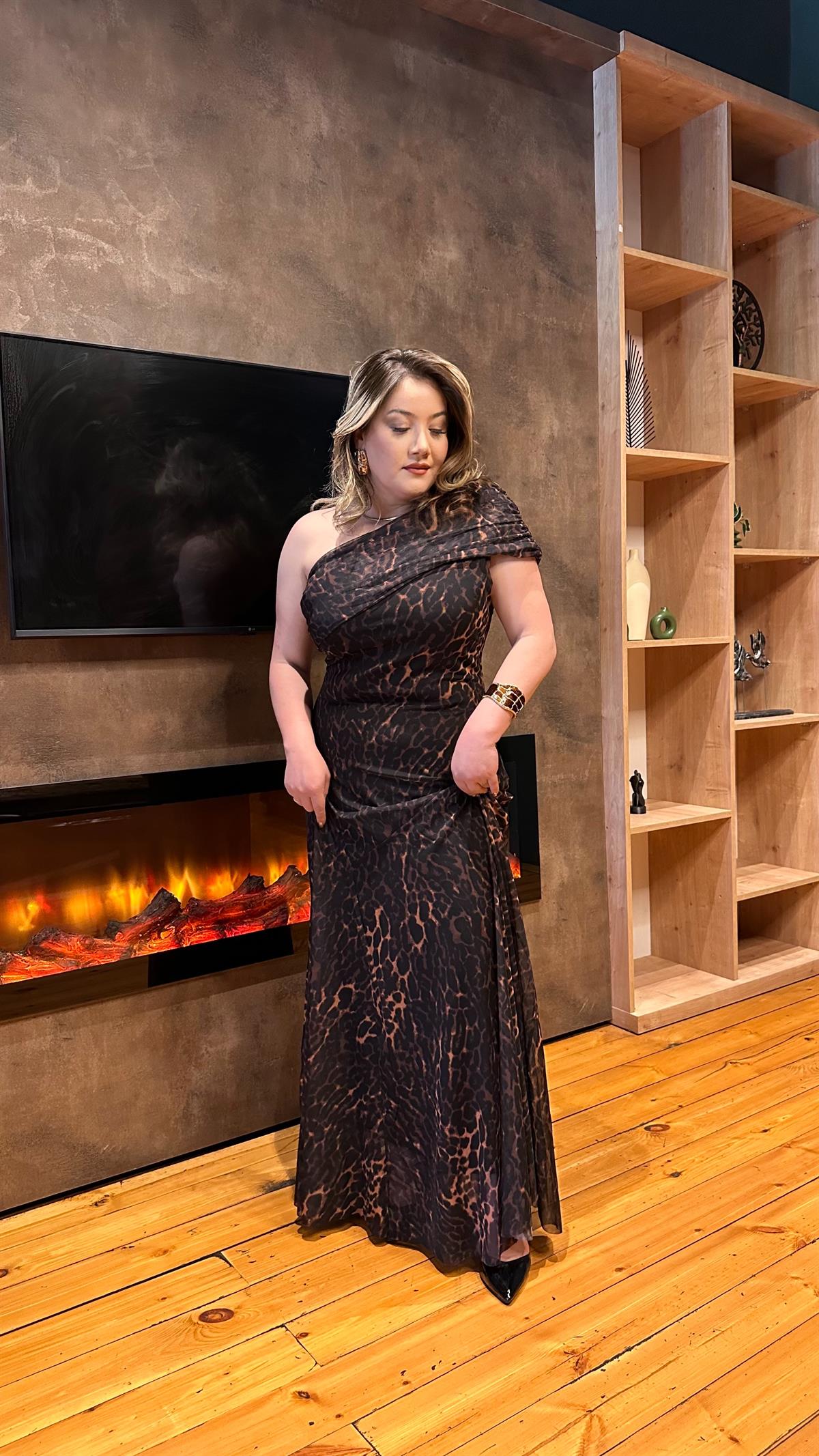 DRAPE OMUZ DETAYLI ROMANTİK TÜL ELBİSE LEOPAR