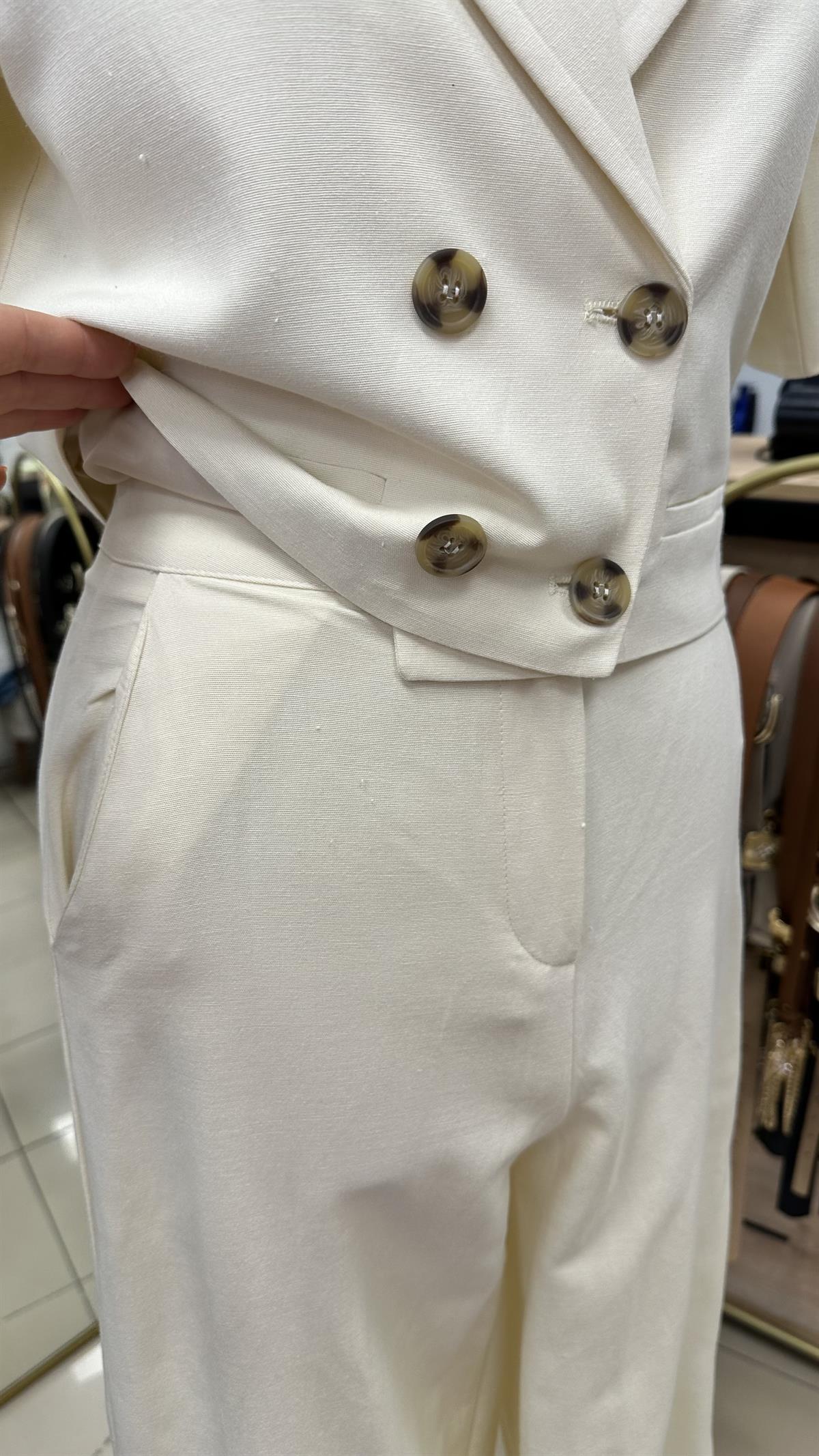 EKRU CROP CEKETLİ KETEN TAKIM