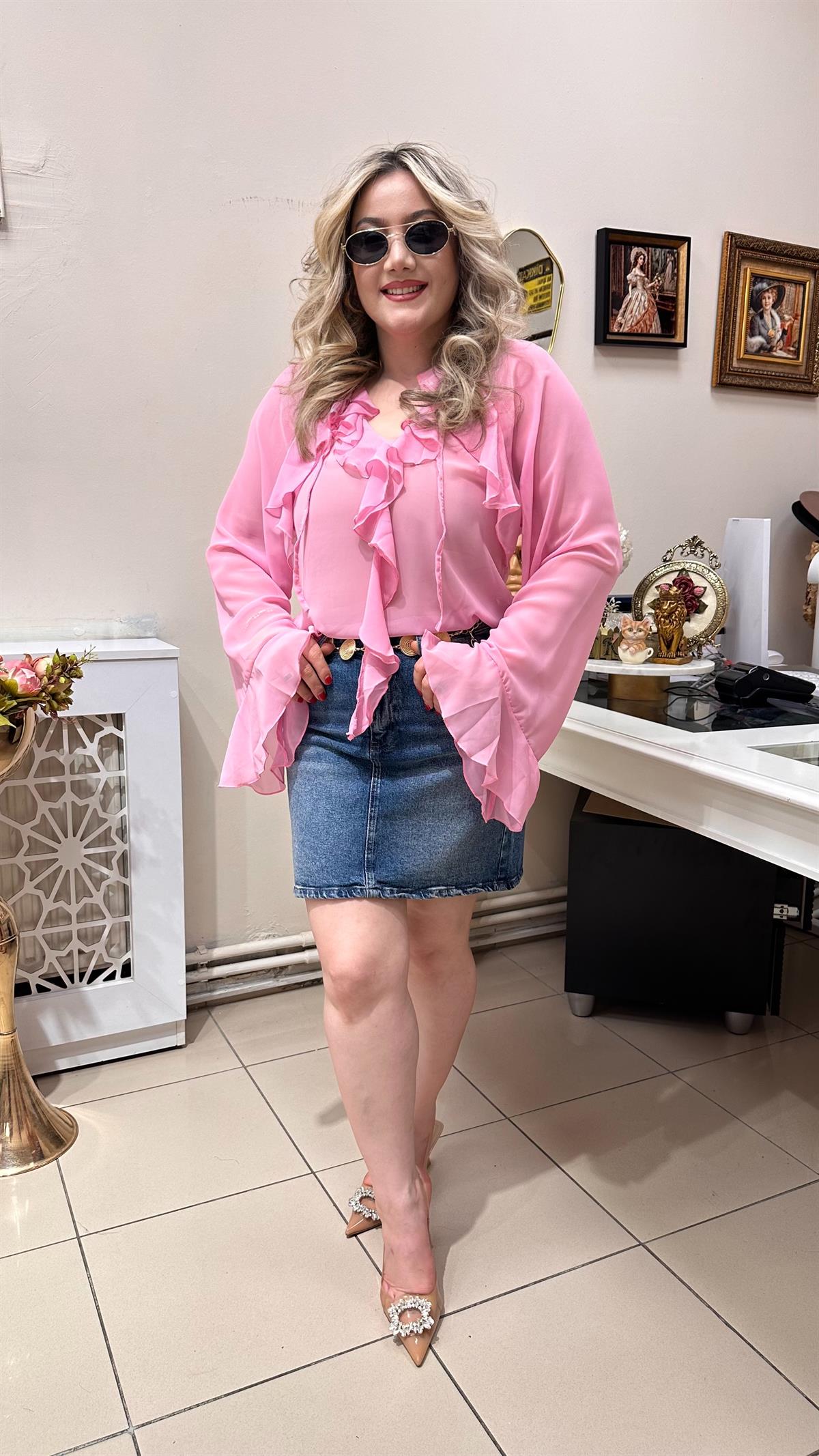 FRAPAN ROMANTİK ŞİFON BLUZ PEMBE