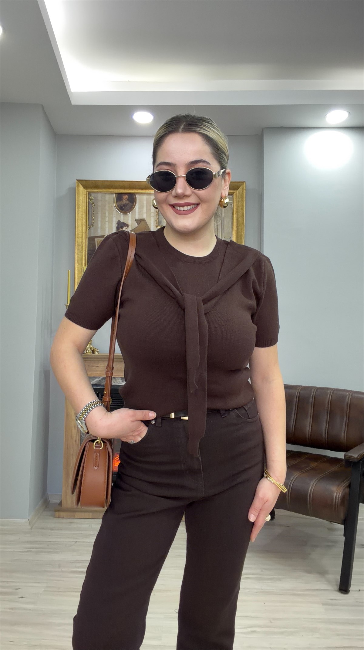 FULAR BAĞLAMA DETAYLI TRİKO KAHVE