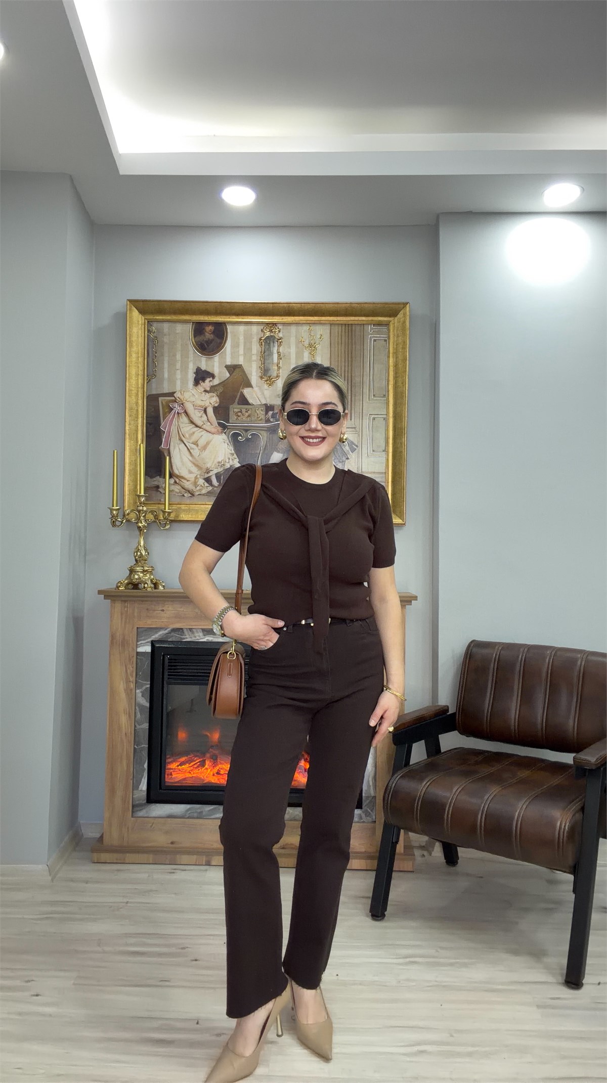 FULAR BAĞLAMA DETAYLI TRİKO KAHVE