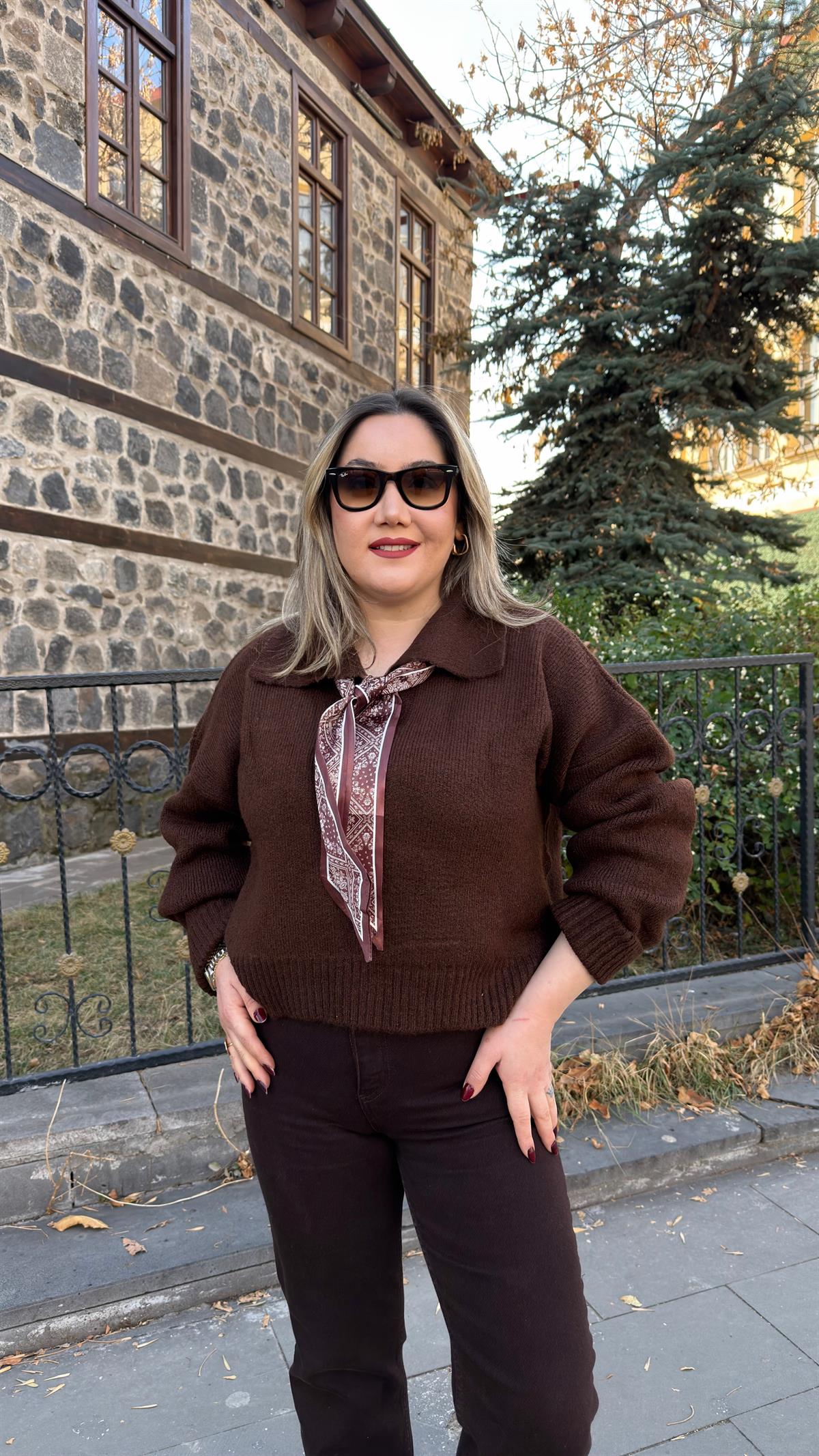 FULARLI POLO YAKA KAZAK KAHVE