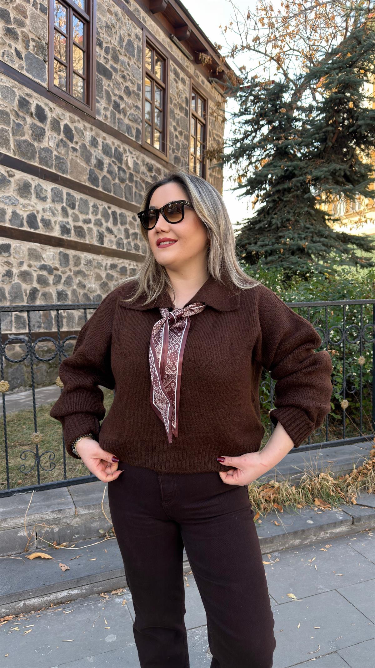 FULARLI POLO YAKA KAZAK KAHVE