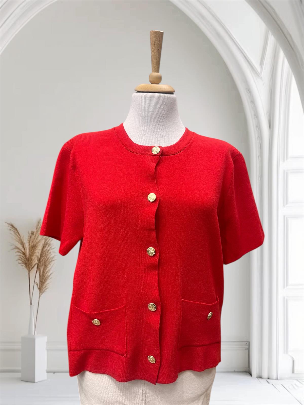 GOLD DÜĞMELİ KISA KOL TRİKO HIRKA NAR ÇİÇEĞİ