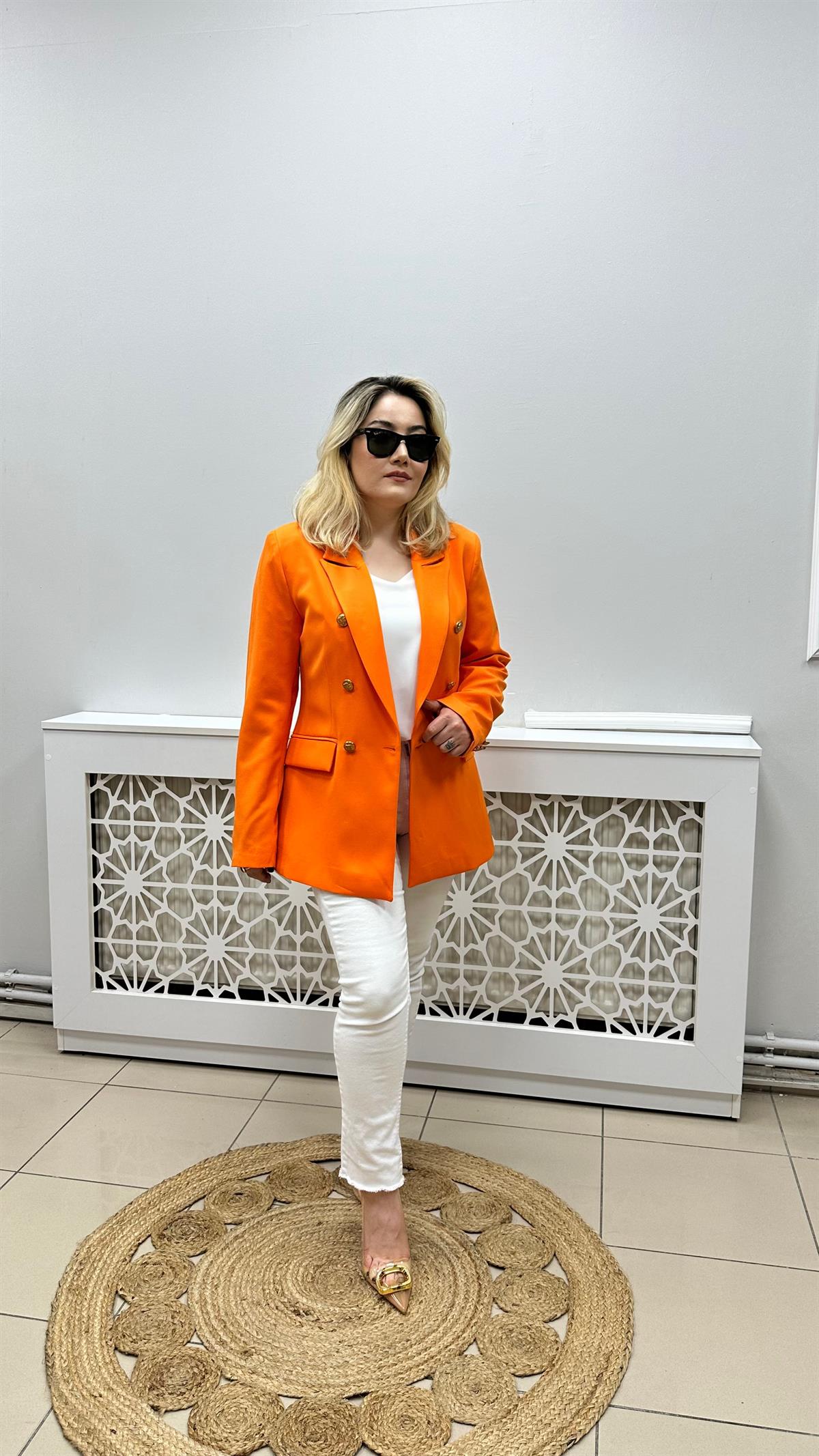 Gold Düğmeli Kruvaze Blazer Ceket Orange