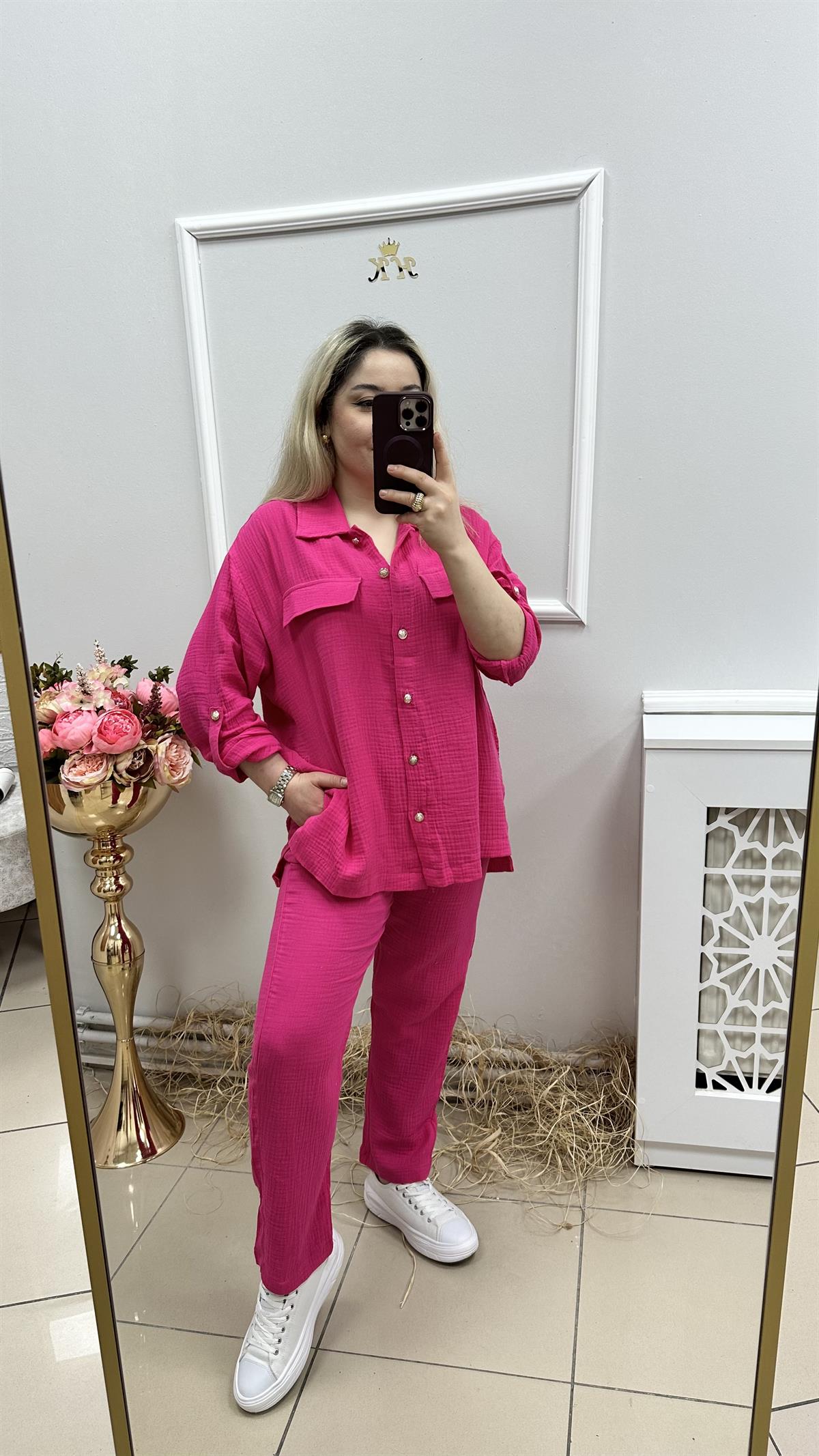 Gold Düğmeli Pembe Takım