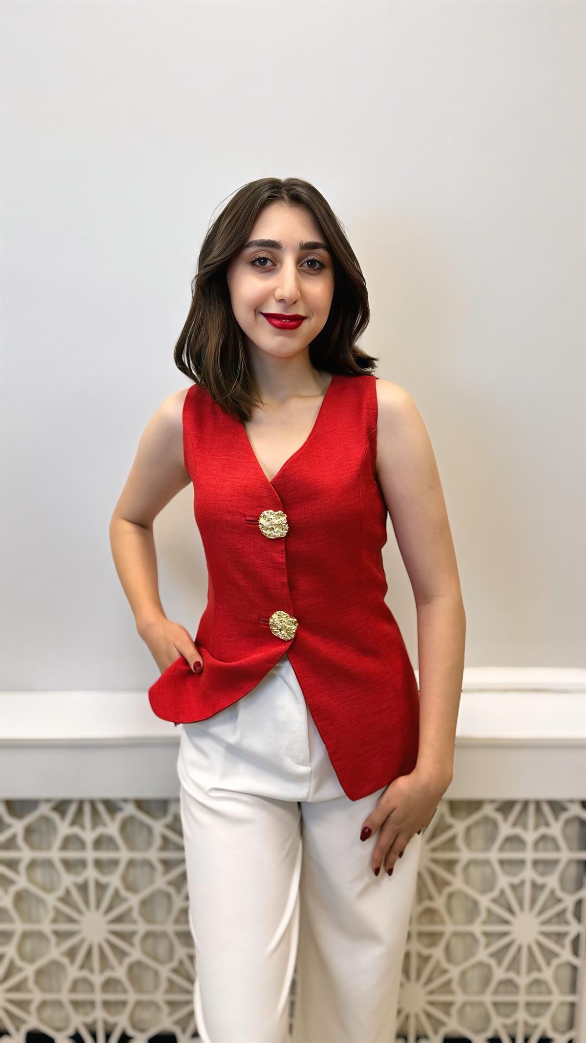 GOLD DÜĞMELİ TASARIM YELEK KIRMIZI