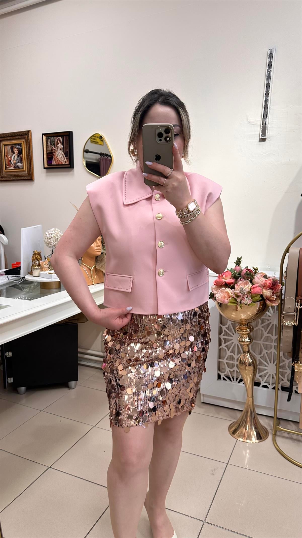 GOLD DÜĞMELİ YELEK PEMBE