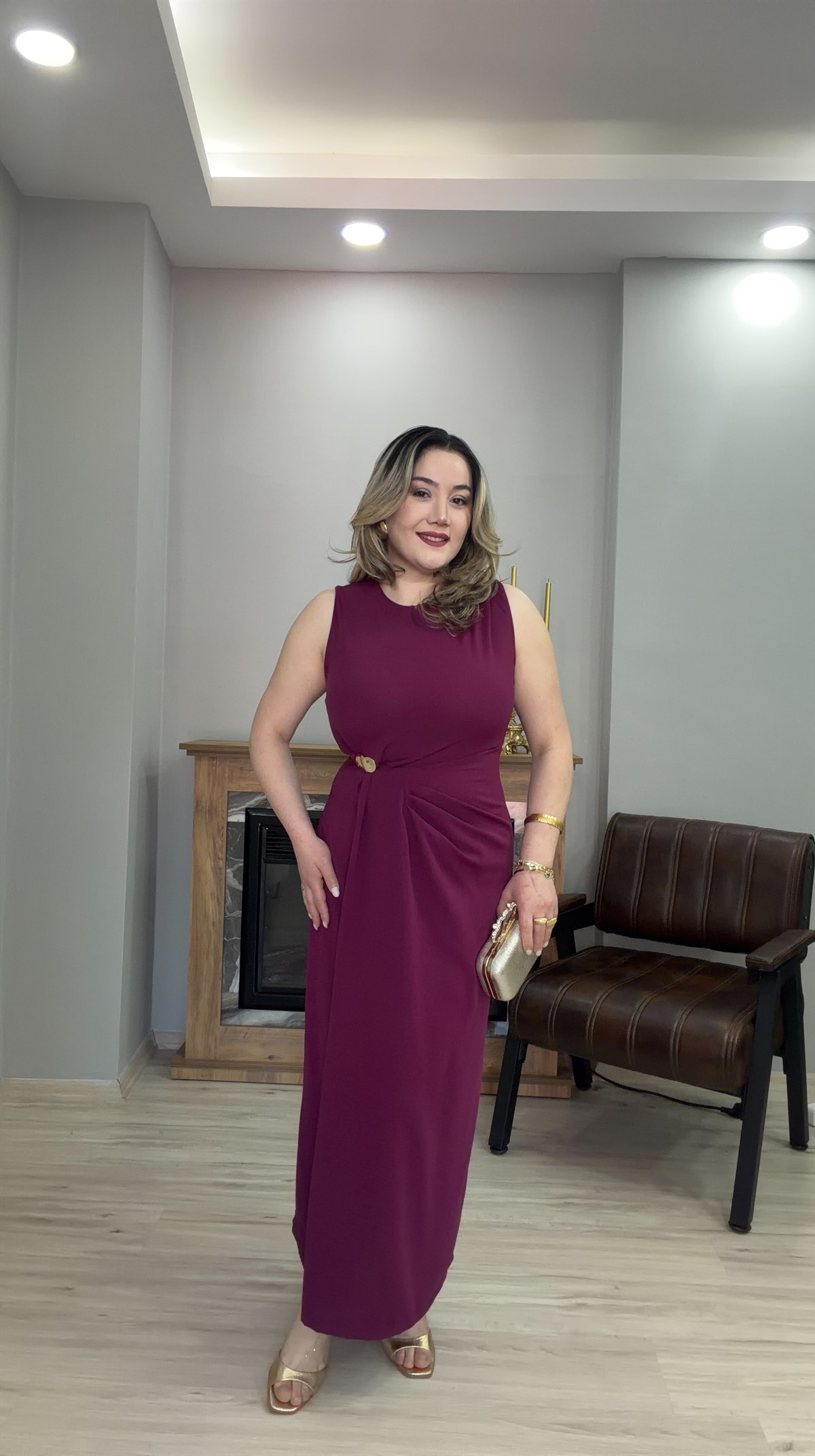 GOLD TOKALI DRAPELİ ELBİSE MÜRDÜM