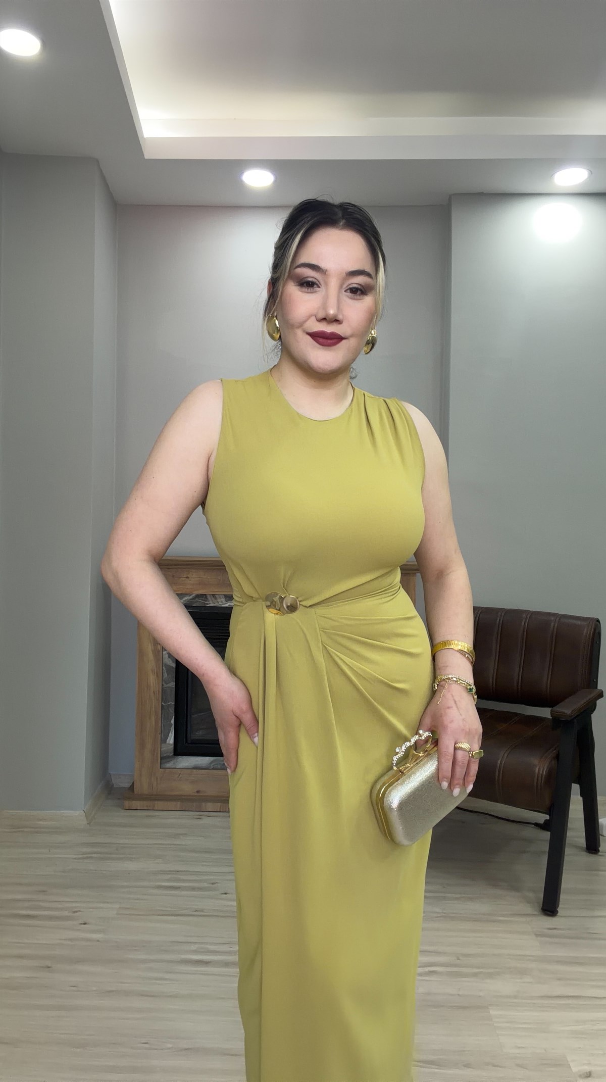 GOLD TOKALI DRAPELİ ELBİSE YAĞ YEŞİL