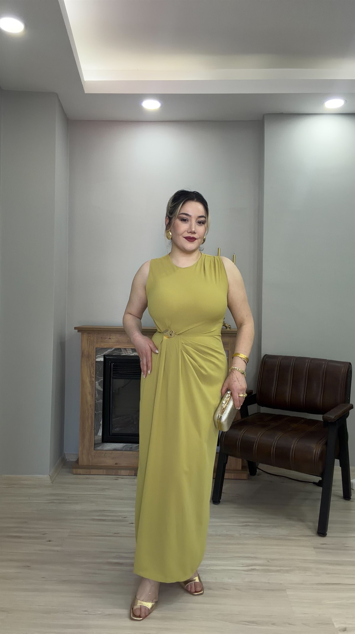 GOLD TOKALI DRAPELİ ELBİSE YAĞ YEŞİL