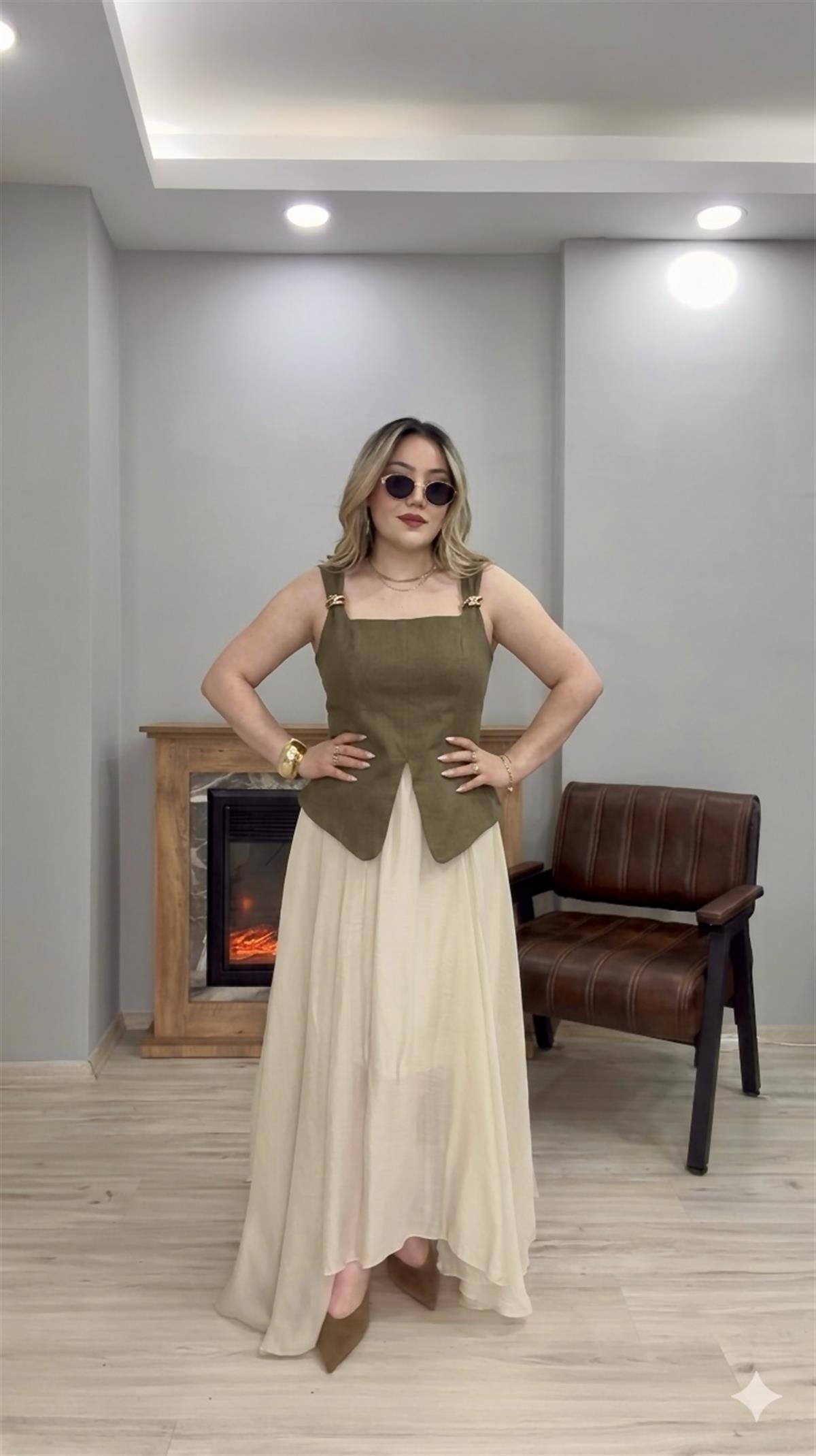 GOLD TOKALI KARE YAKA KETEN BLUZ HAKİ