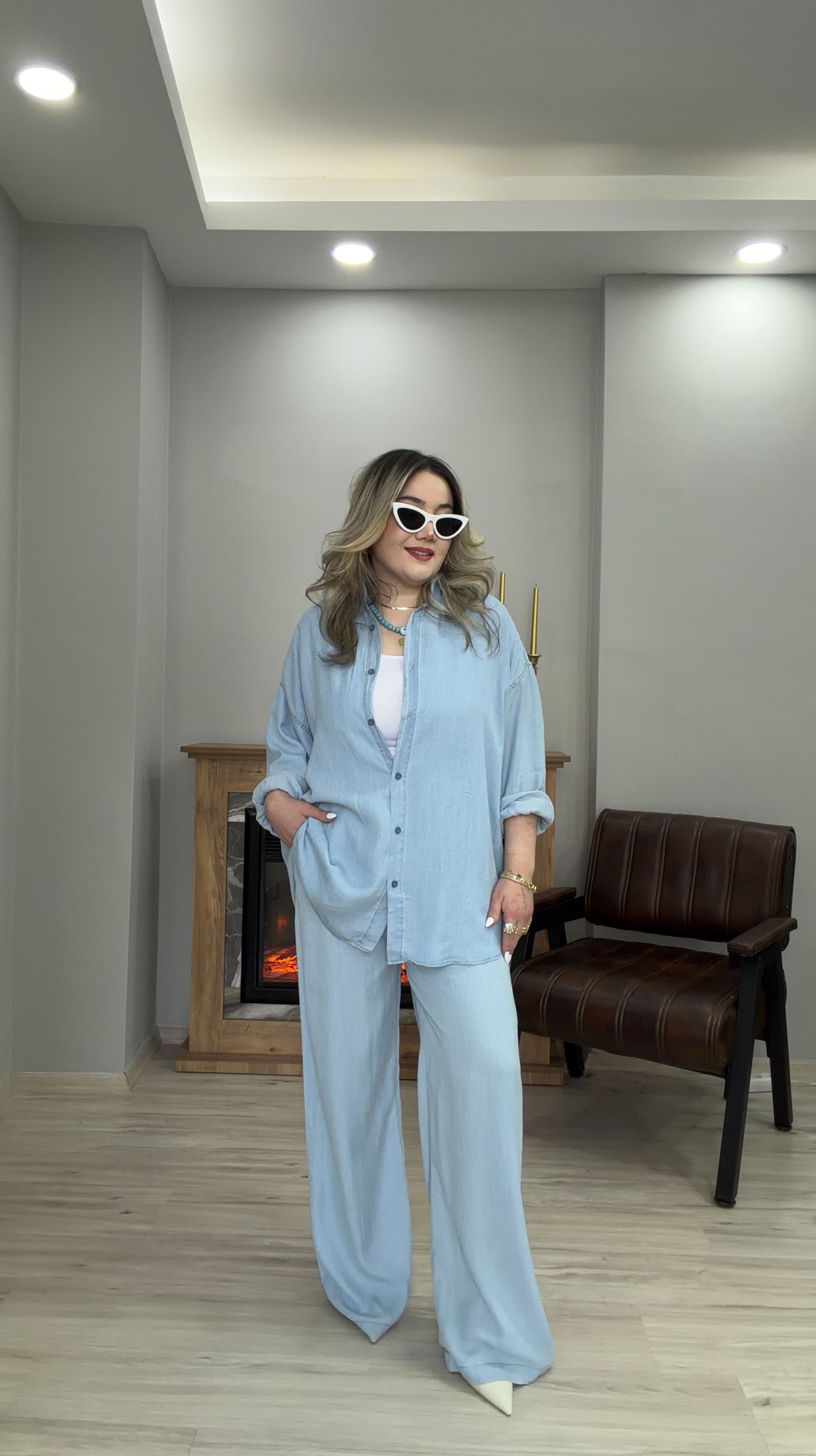 GÖMLEKLİ JEAN TAKIM MAVİ