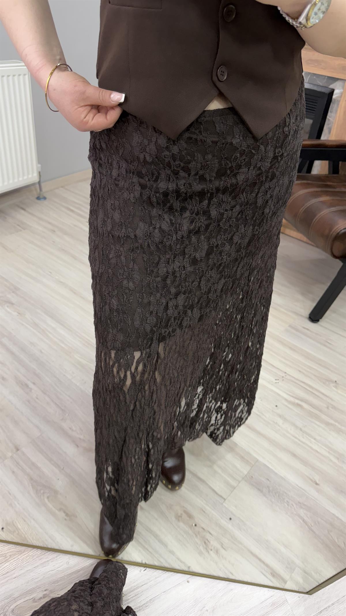 GÜPÜRLÜ YÜKSEK BEL İÇ ASTARLI ETEK KAHVE
