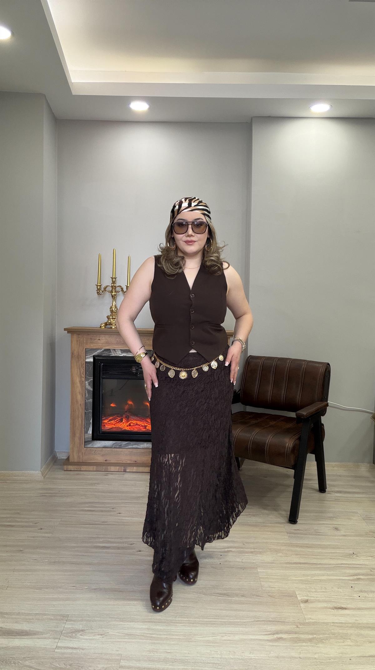 GÜPÜRLÜ YÜKSEK BEL İÇ ASTARLI ETEK KAHVE
