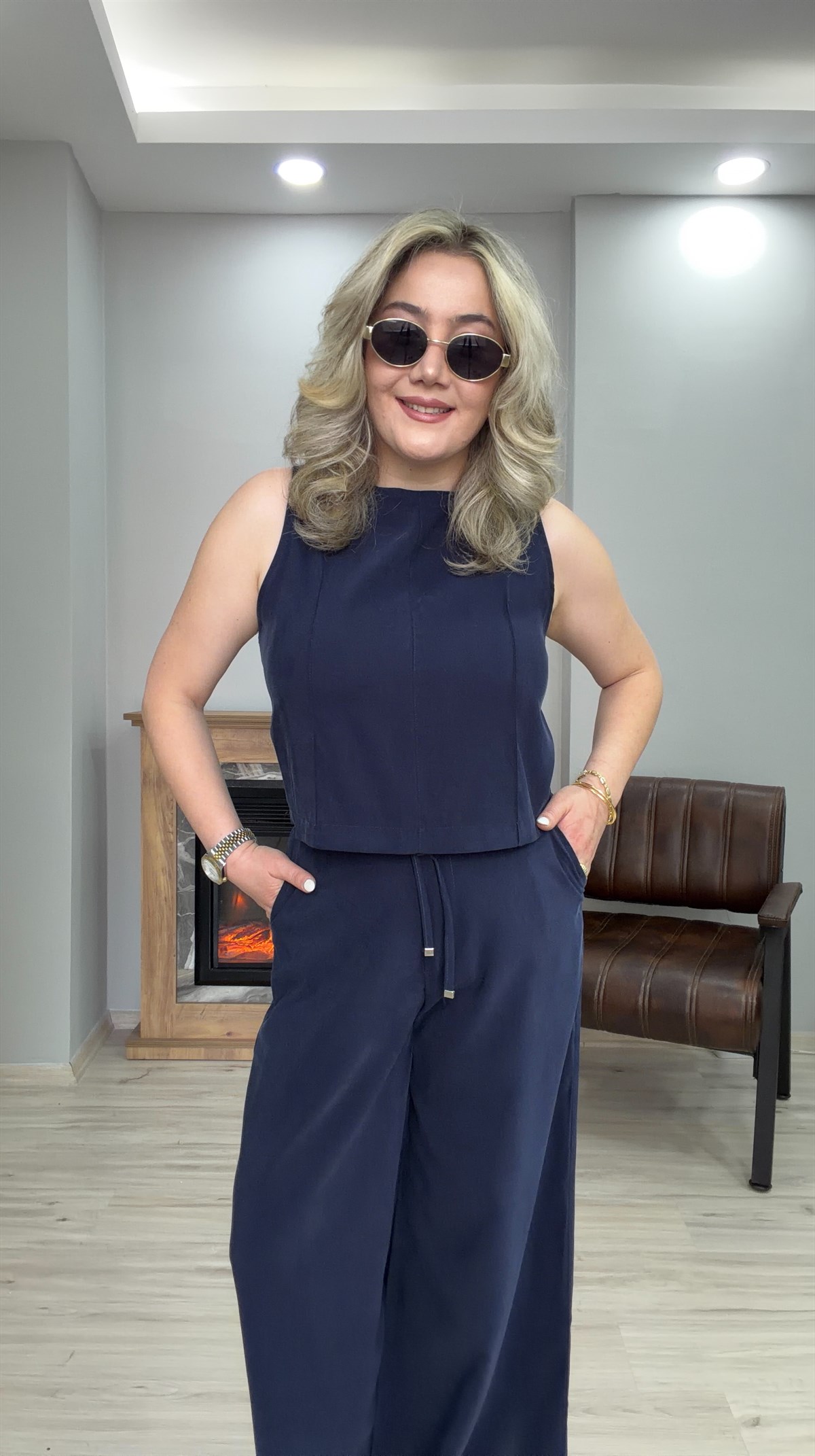HALTER YAKA TENSEL İKİLİ TAKIM LACİVERT