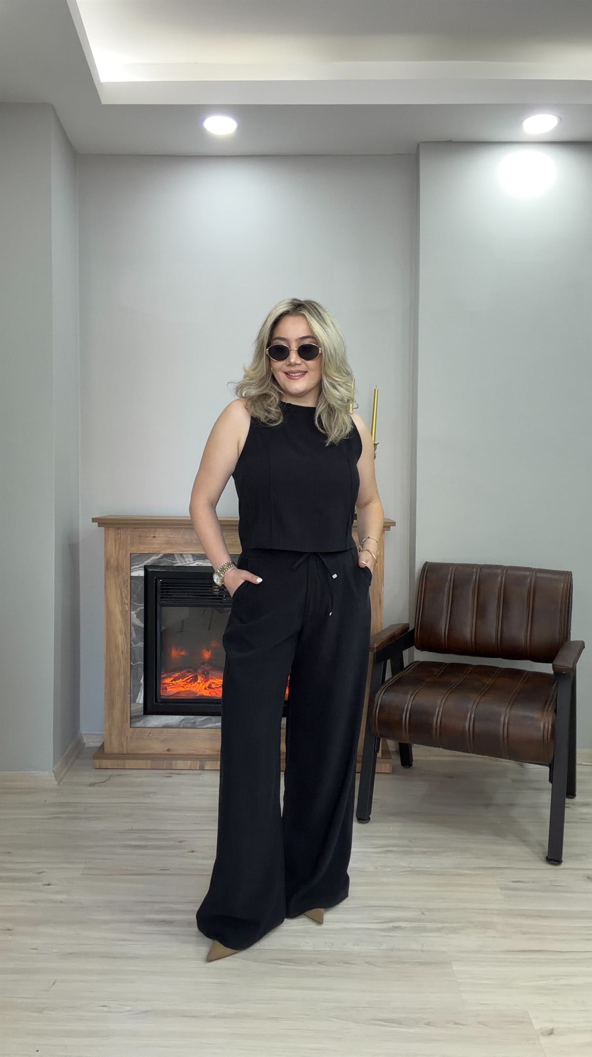HALTER YAKA TENSEL İKİLİ TAKIM SİYAH