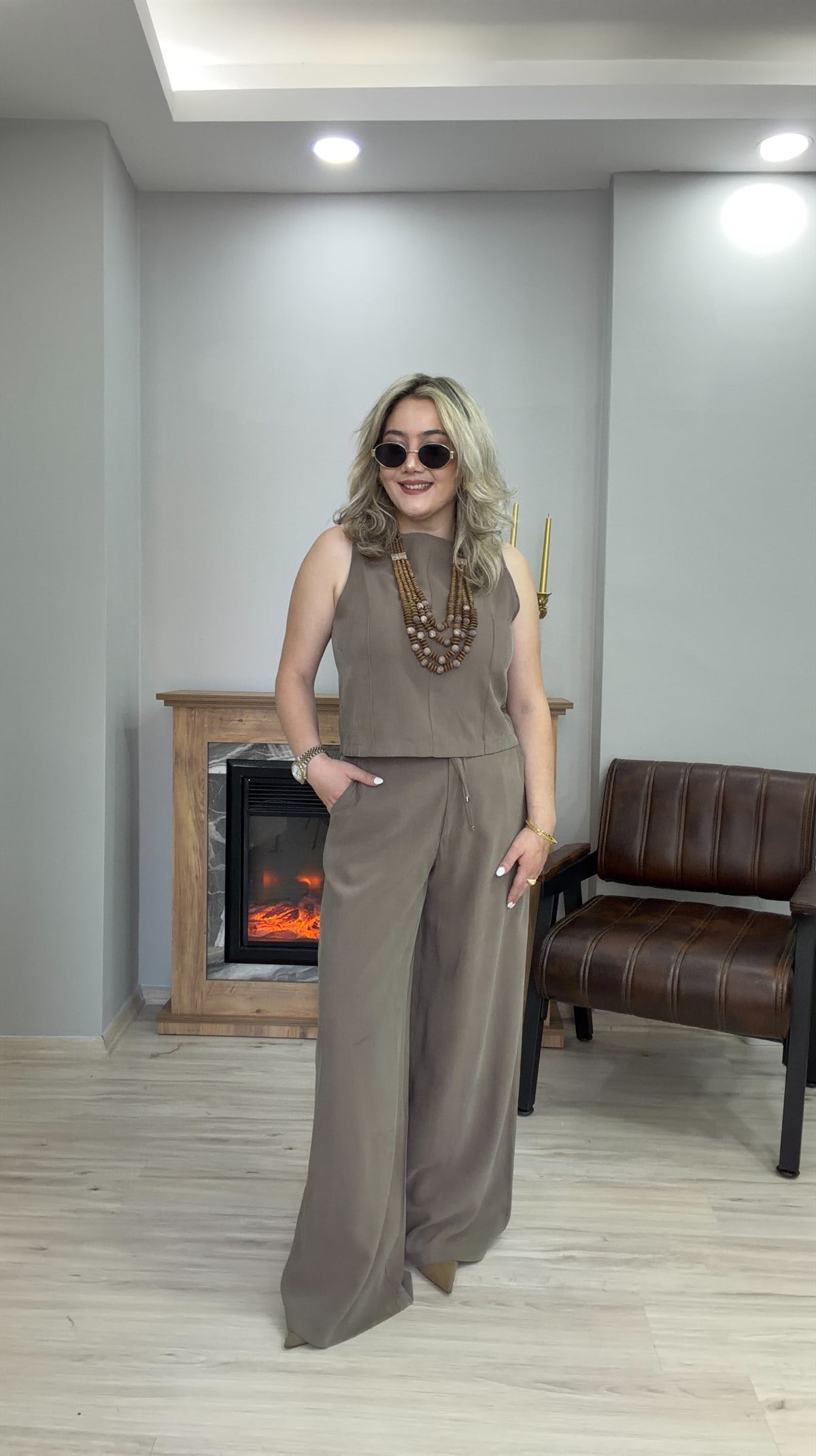 HALTER YAKA TENSEL İKİLİ TAKIM VİZON