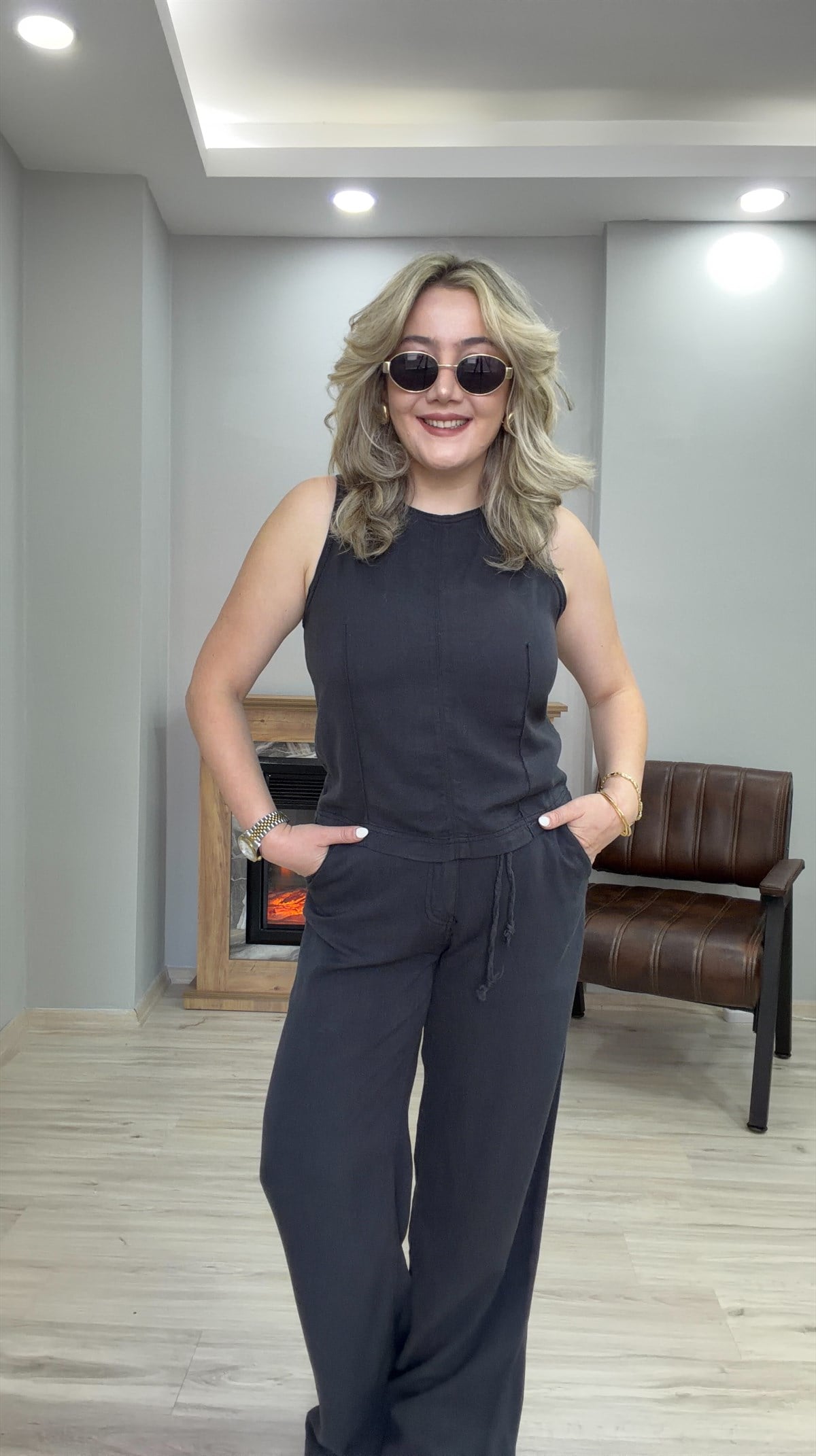 HALTER YAKA TENSEL JEAN  İKİLİ TAKIM ANTRASİT