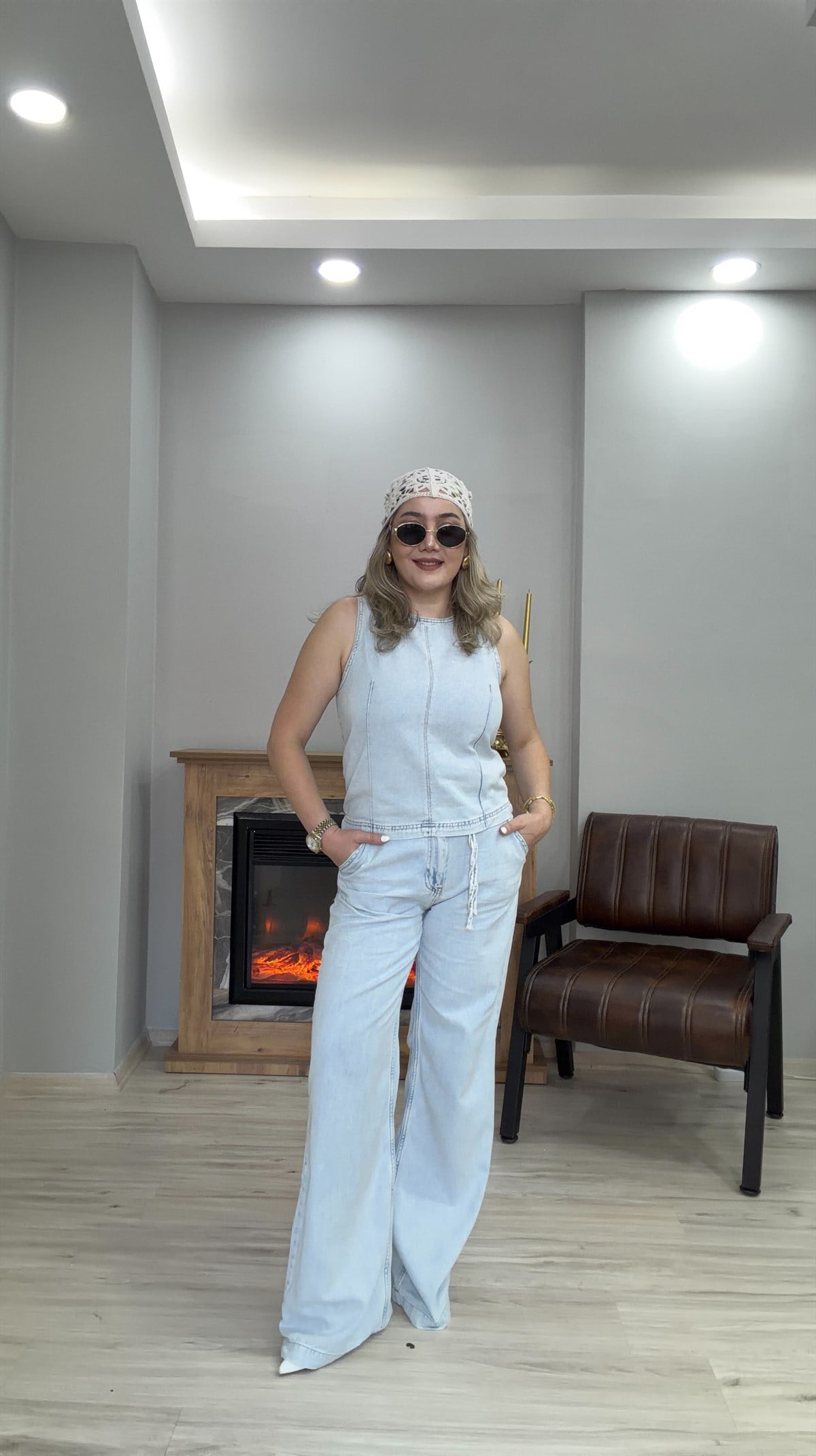 HALTER YAKA TENSEL JEAN  İKİLİ TAKIM BUZ MAVİ