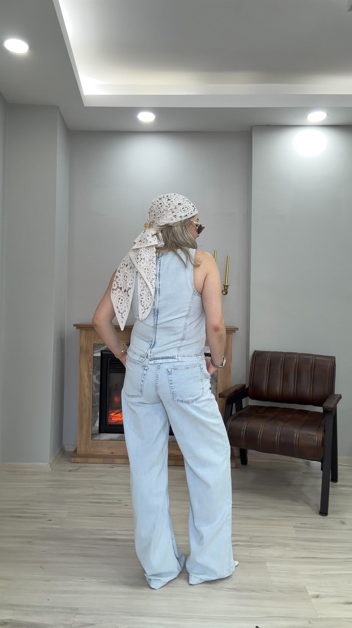 HALTER YAKA TENSEL JEAN  İKİLİ TAKIM BUZ MAVİ