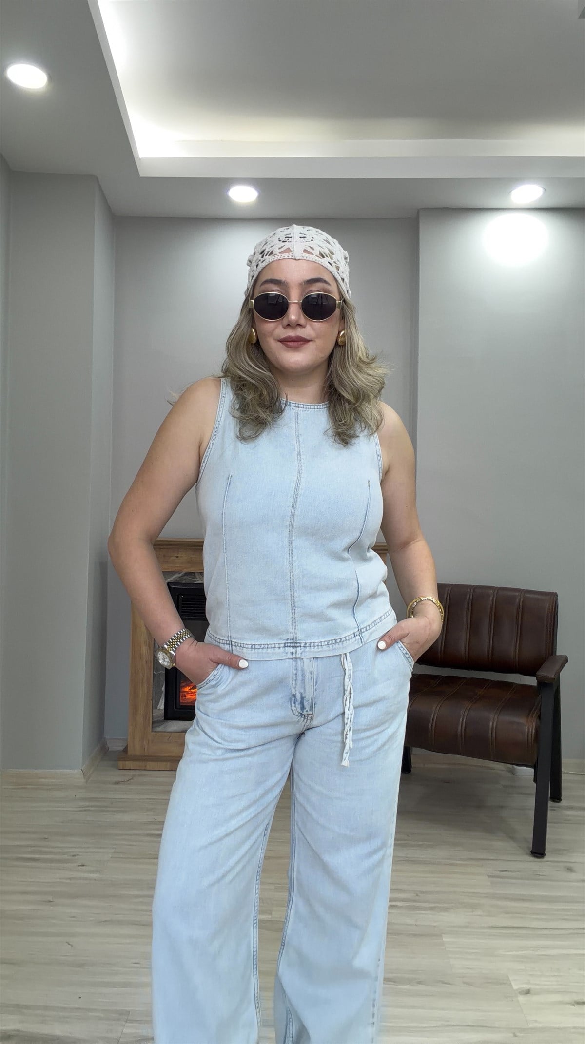 HALTER YAKA TENSEL JEAN  İKİLİ TAKIM BUZ MAVİ
