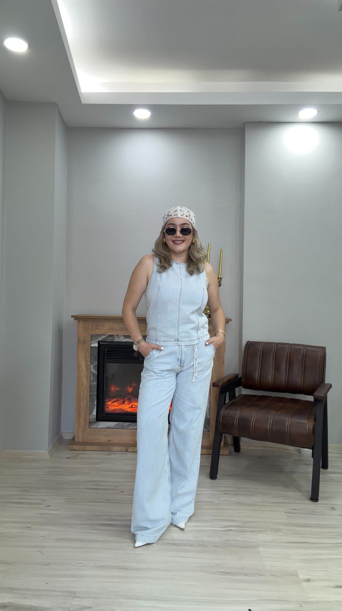 HALTER YAKA TENSEL JEAN  İKİLİ TAKIM BUZ MAVİ
