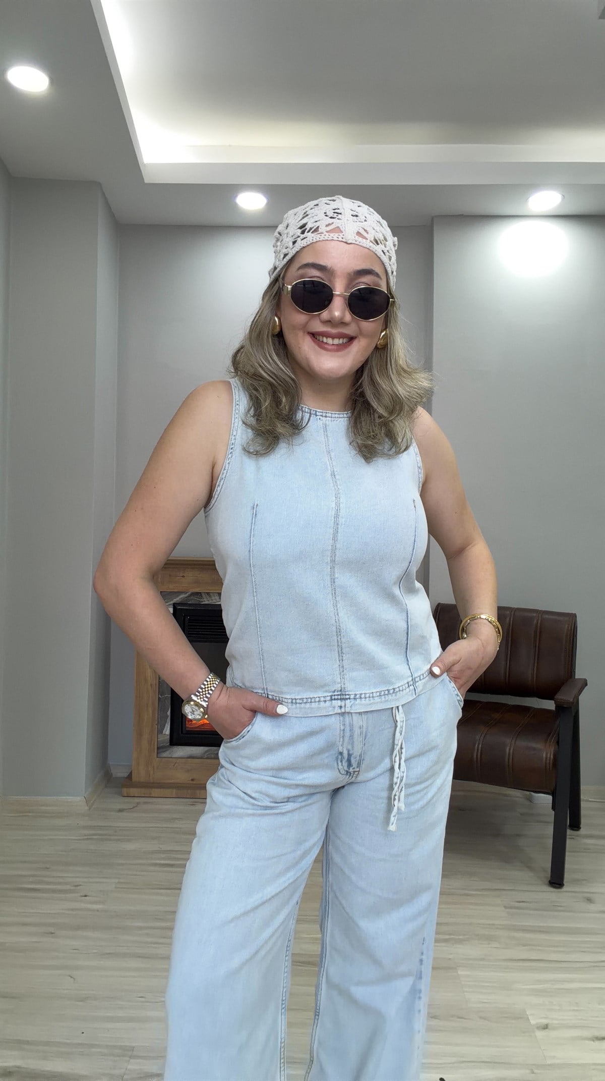 HALTER YAKA TENSEL JEAN  İKİLİ TAKIM BUZ MAVİ