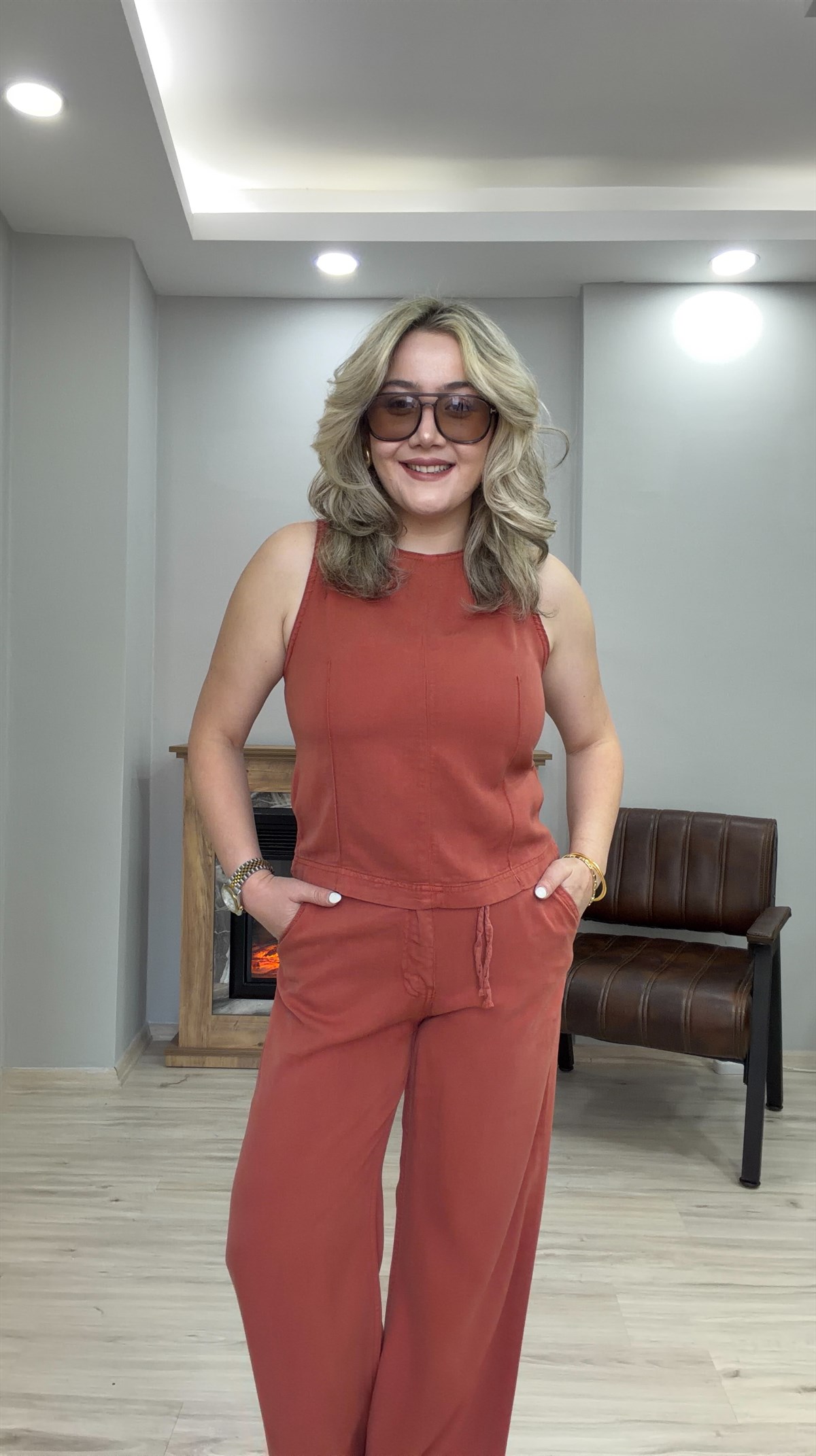 HALTER YAKA TENSEL JEAN  İKİLİ TAKIM KİREMİT