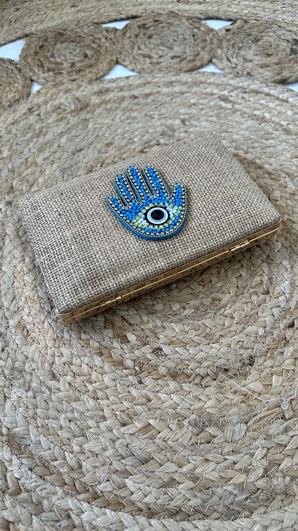 Hamsa Motif İşlemeli Hasır Çanta