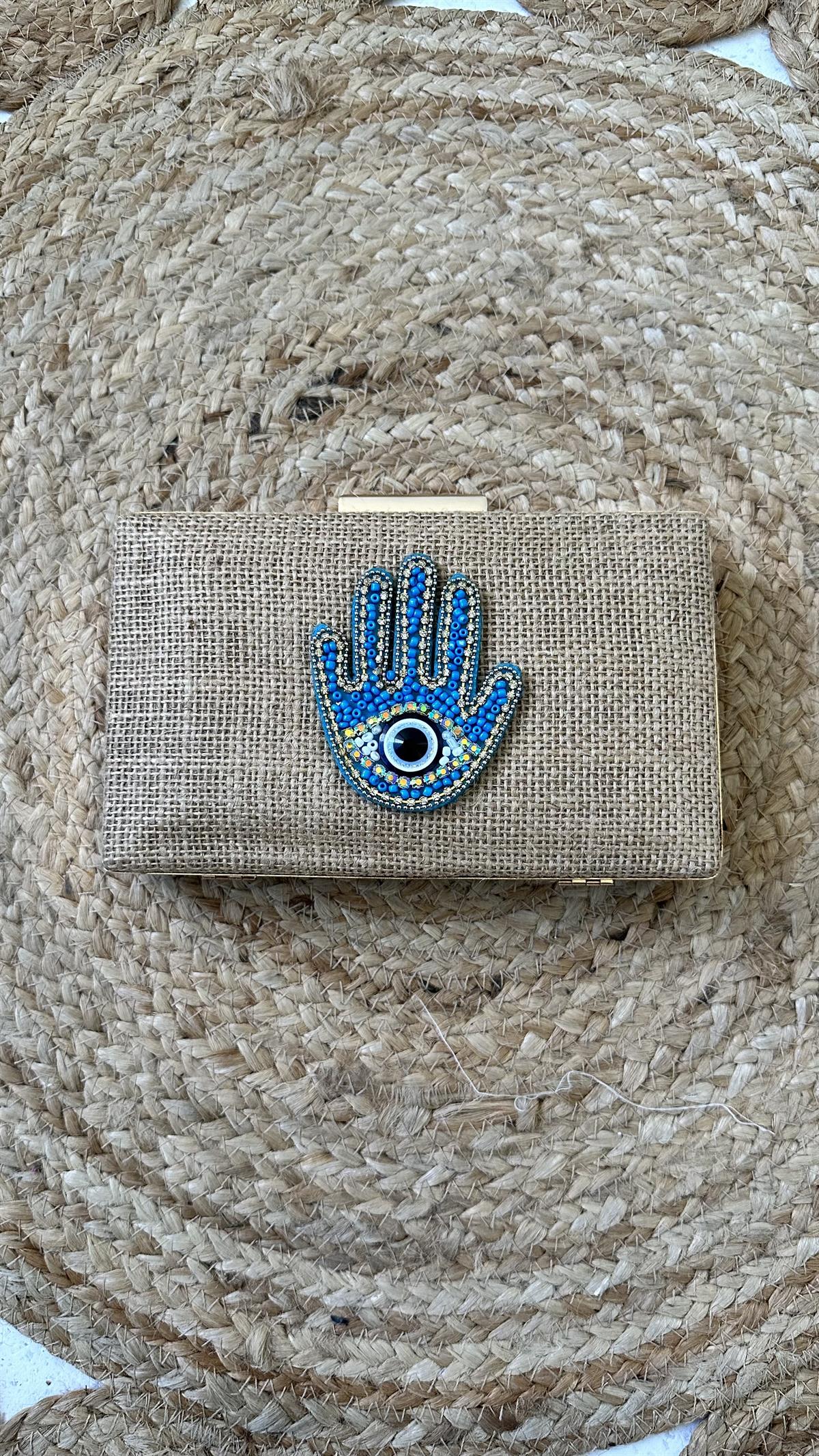 Hamsa Motif İşlemeli Hasır Çanta