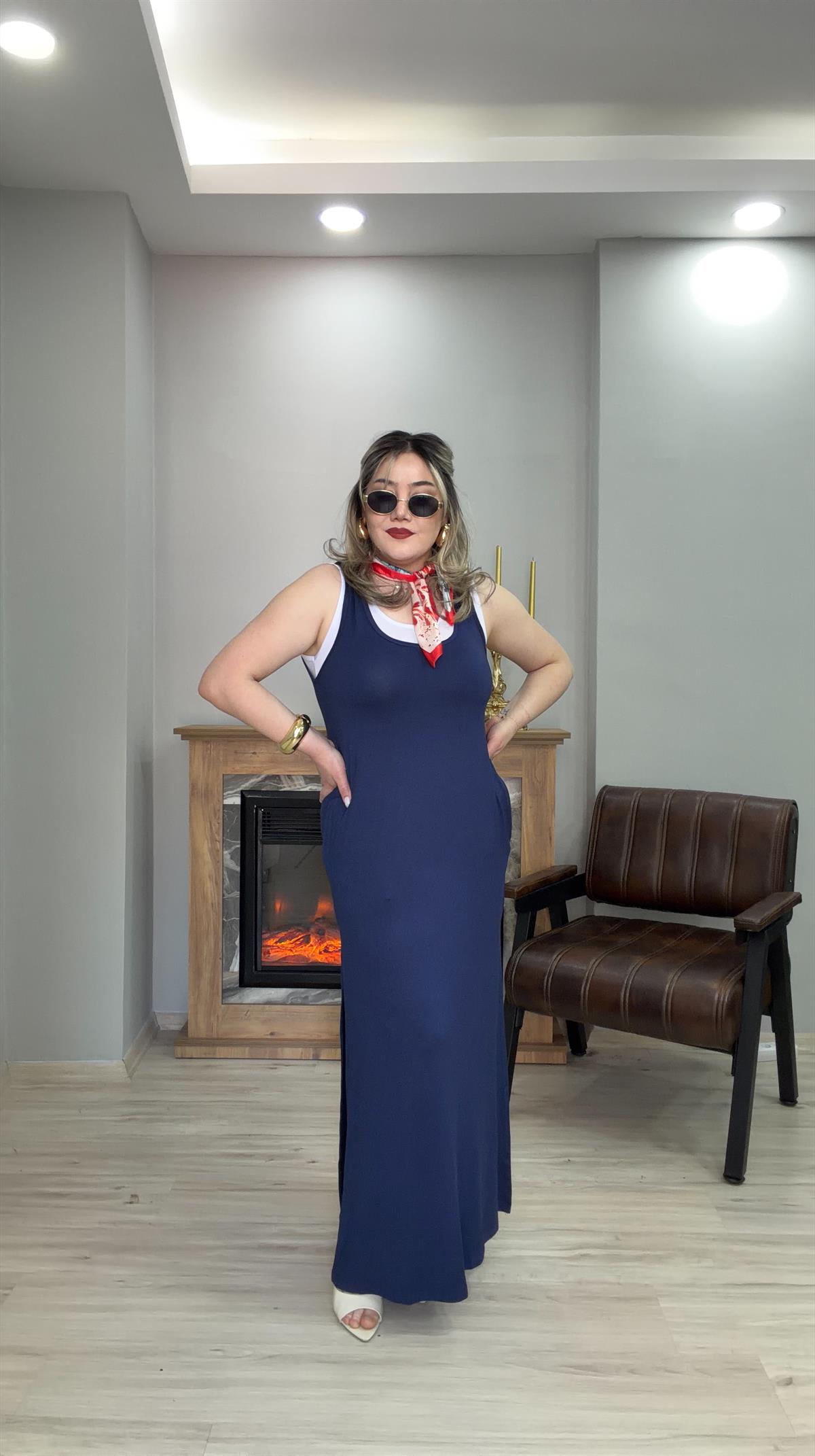 İÇ BODYLİ İKİLİ ELBİSE LACİVERT 