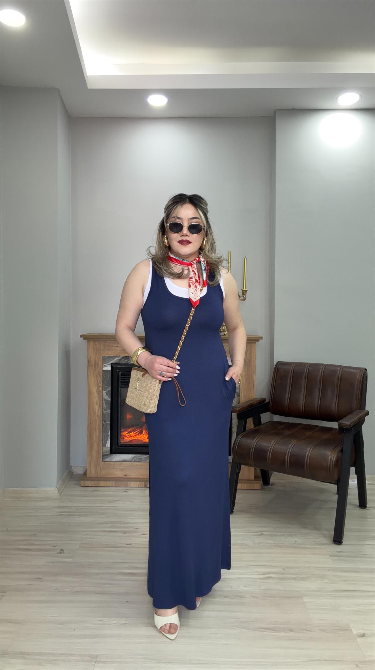 İÇ BODYLİ İKİLİ ELBİSE LACİVERT 
