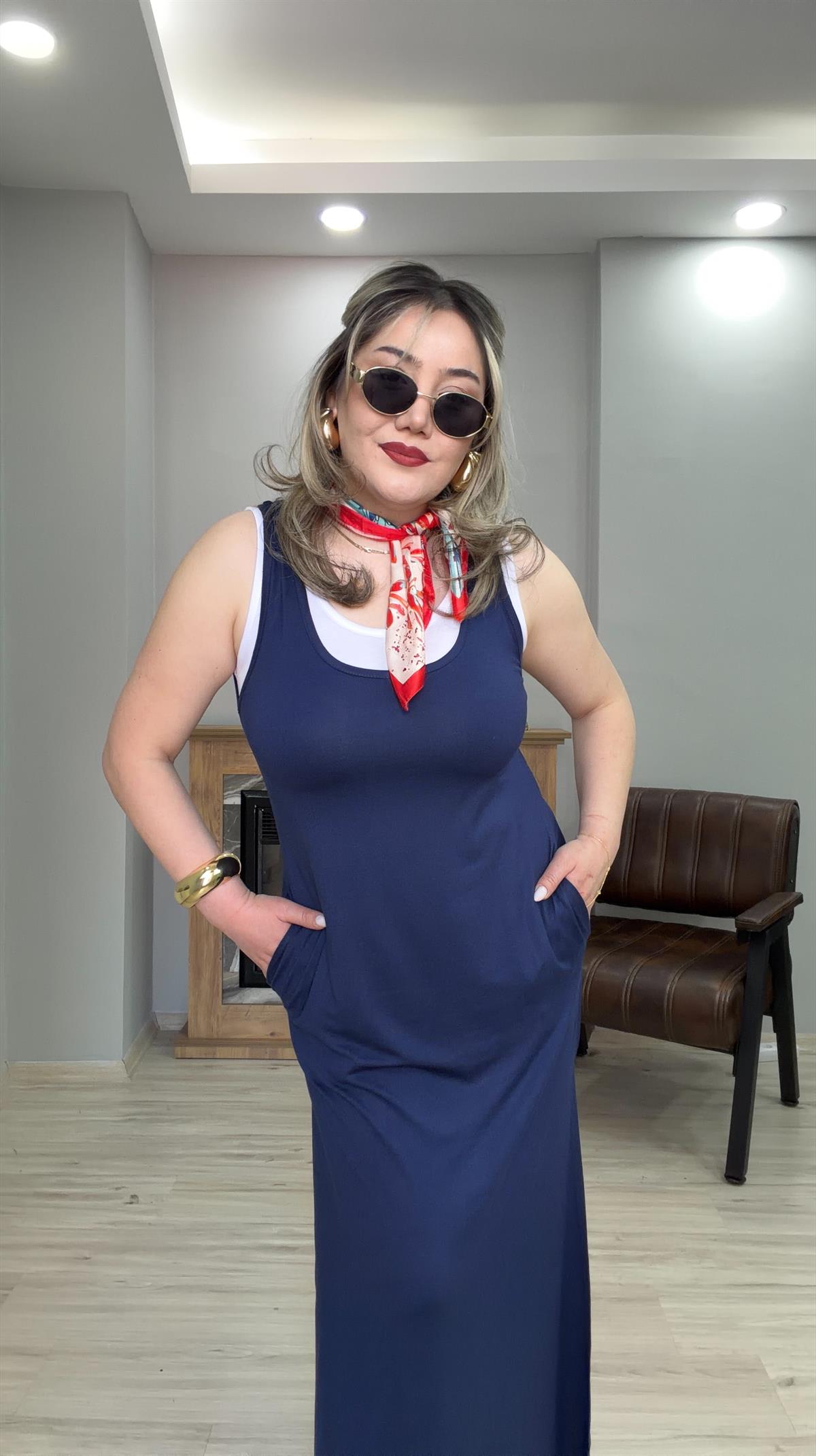 İÇ BODYLİ İKİLİ ELBİSE LACİVERT 