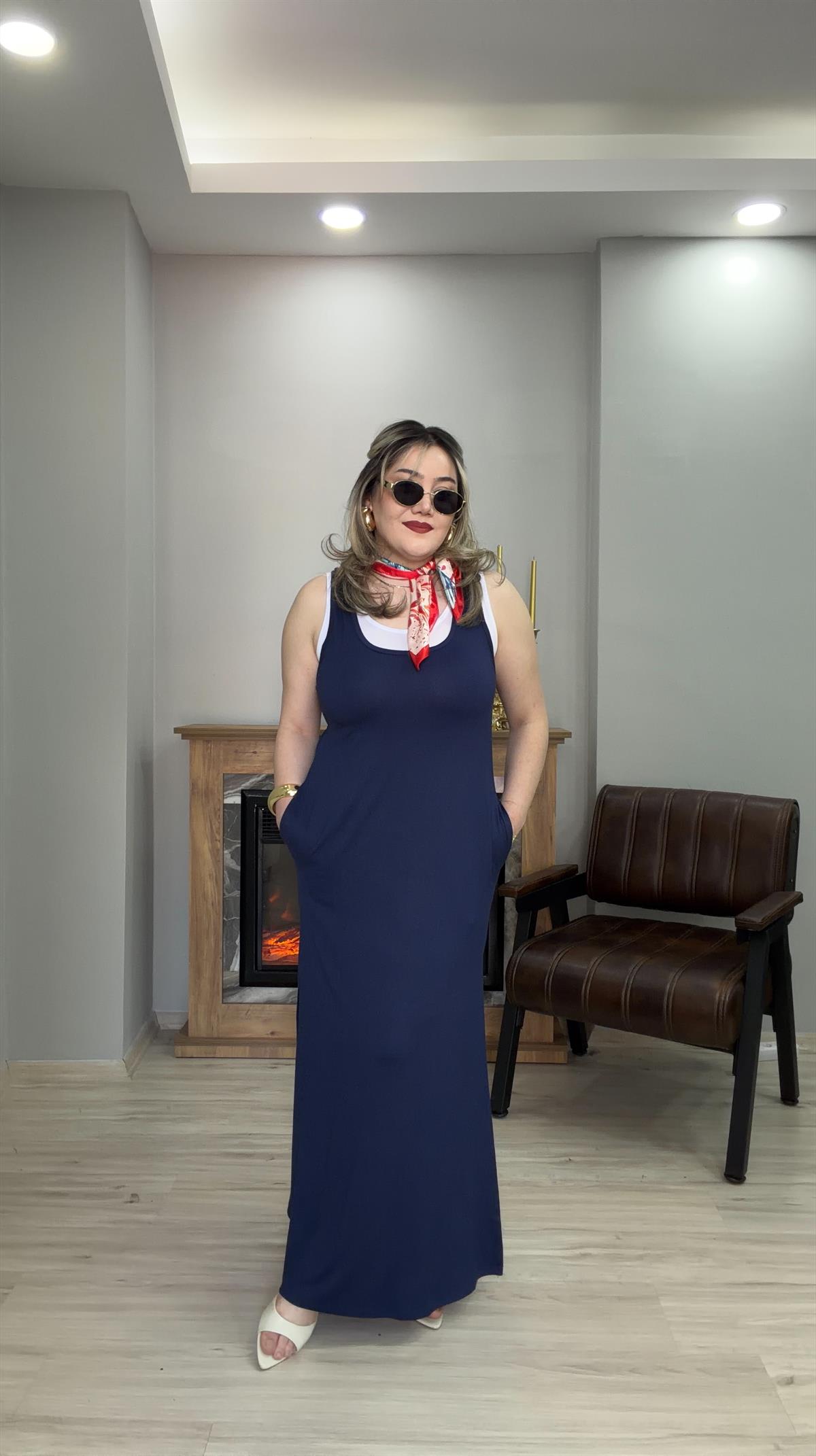 İÇ BODYLİ İKİLİ ELBİSE LACİVERT 