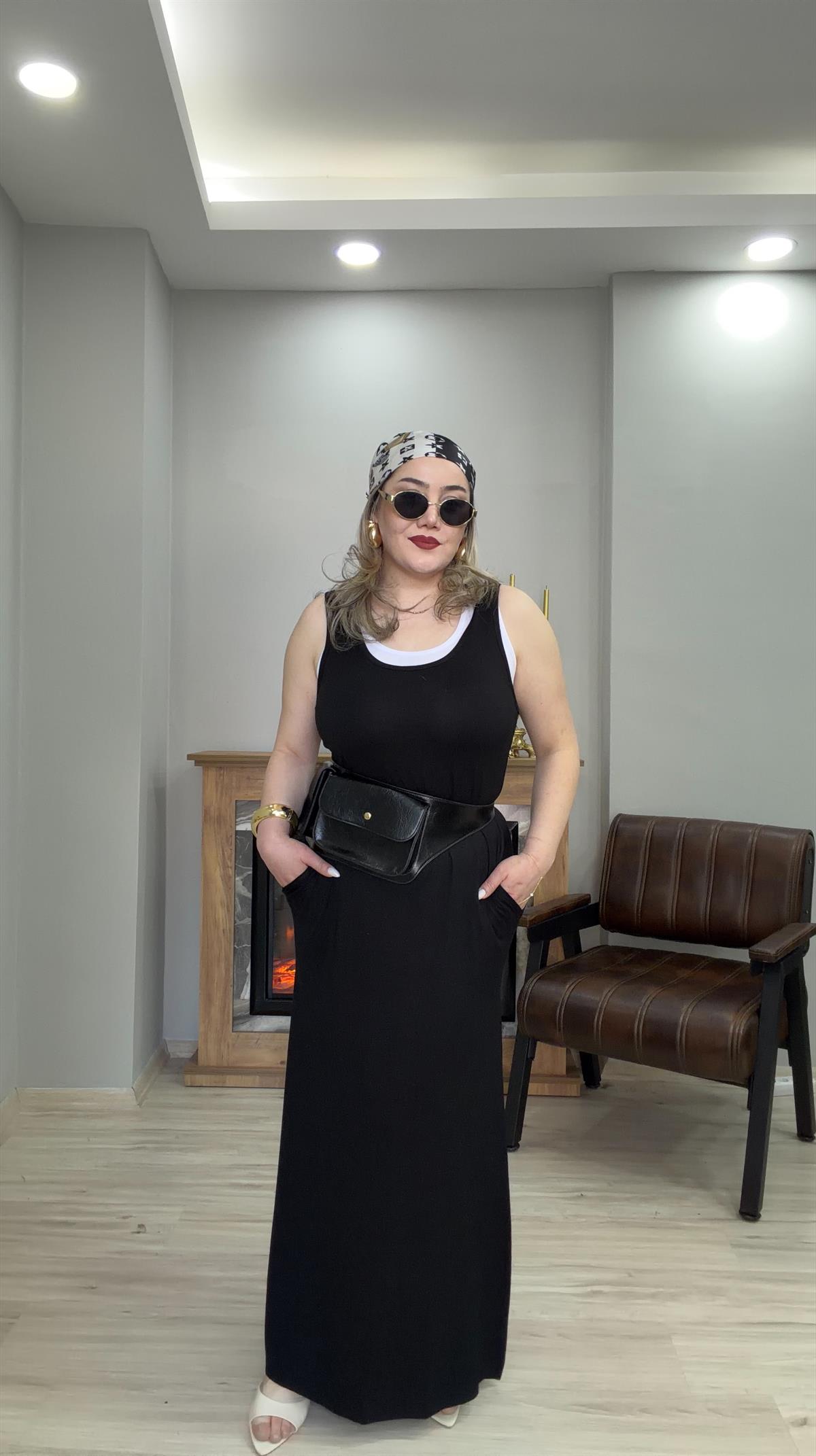 İÇ BODYLİ İKİLİ ELBİSE SİYAH