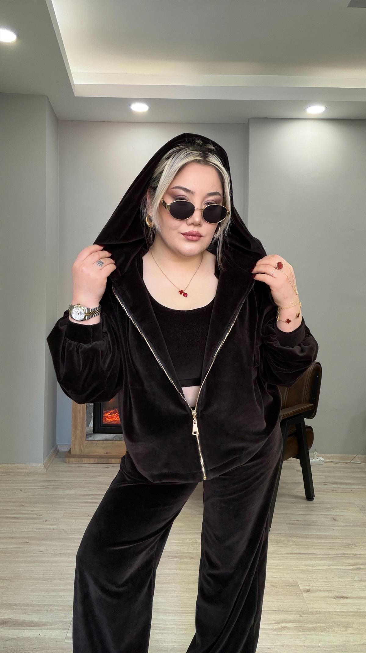KADİFE ÜÇLÜ TAKIM KAHVE 