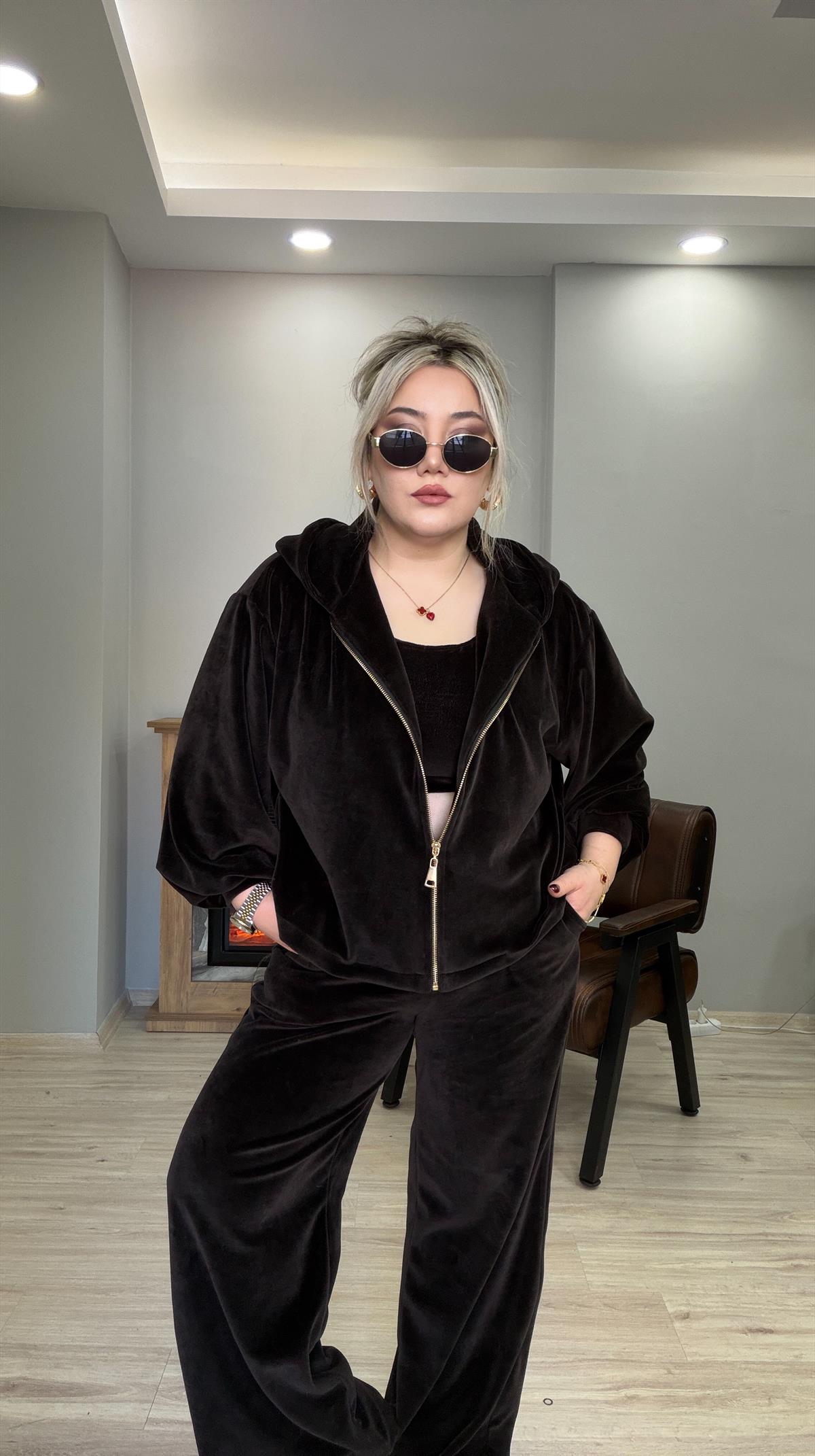 KADİFE ÜÇLÜ TAKIM KAHVE 