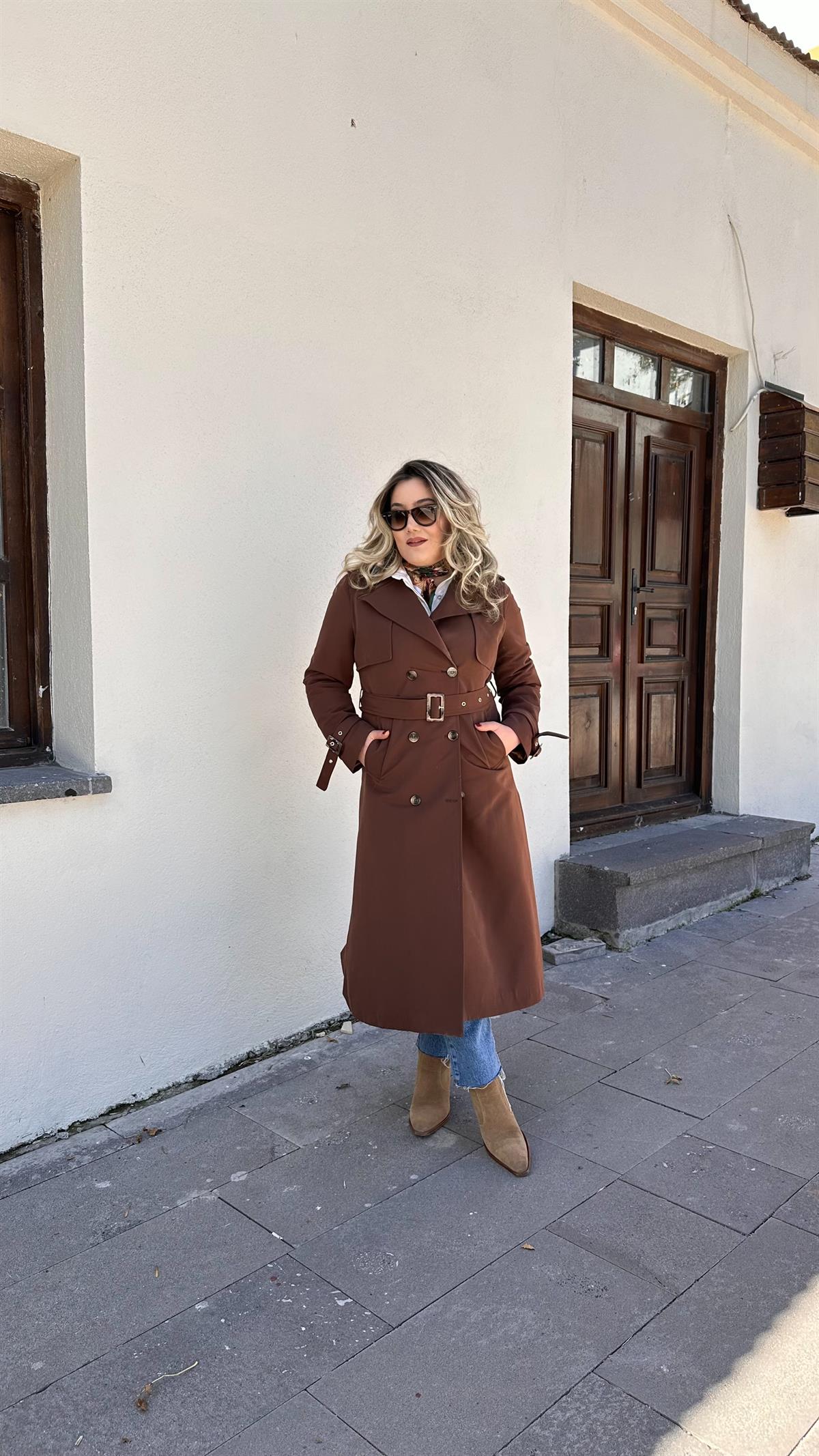 KAHVE BELDEN KUŞAKLI TRENÇKOT