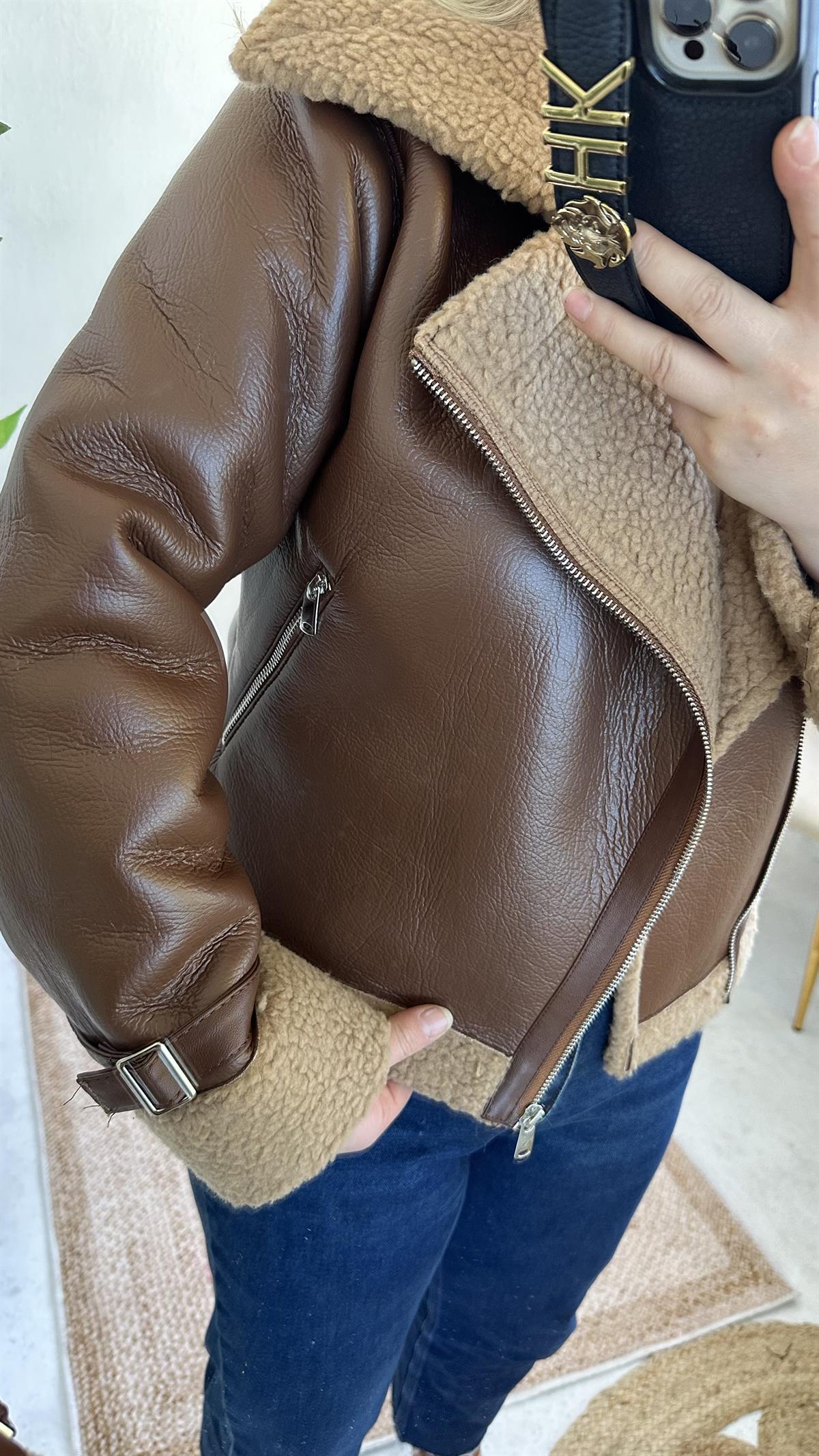 Kahve Deri İçi Peluş Biker Mont