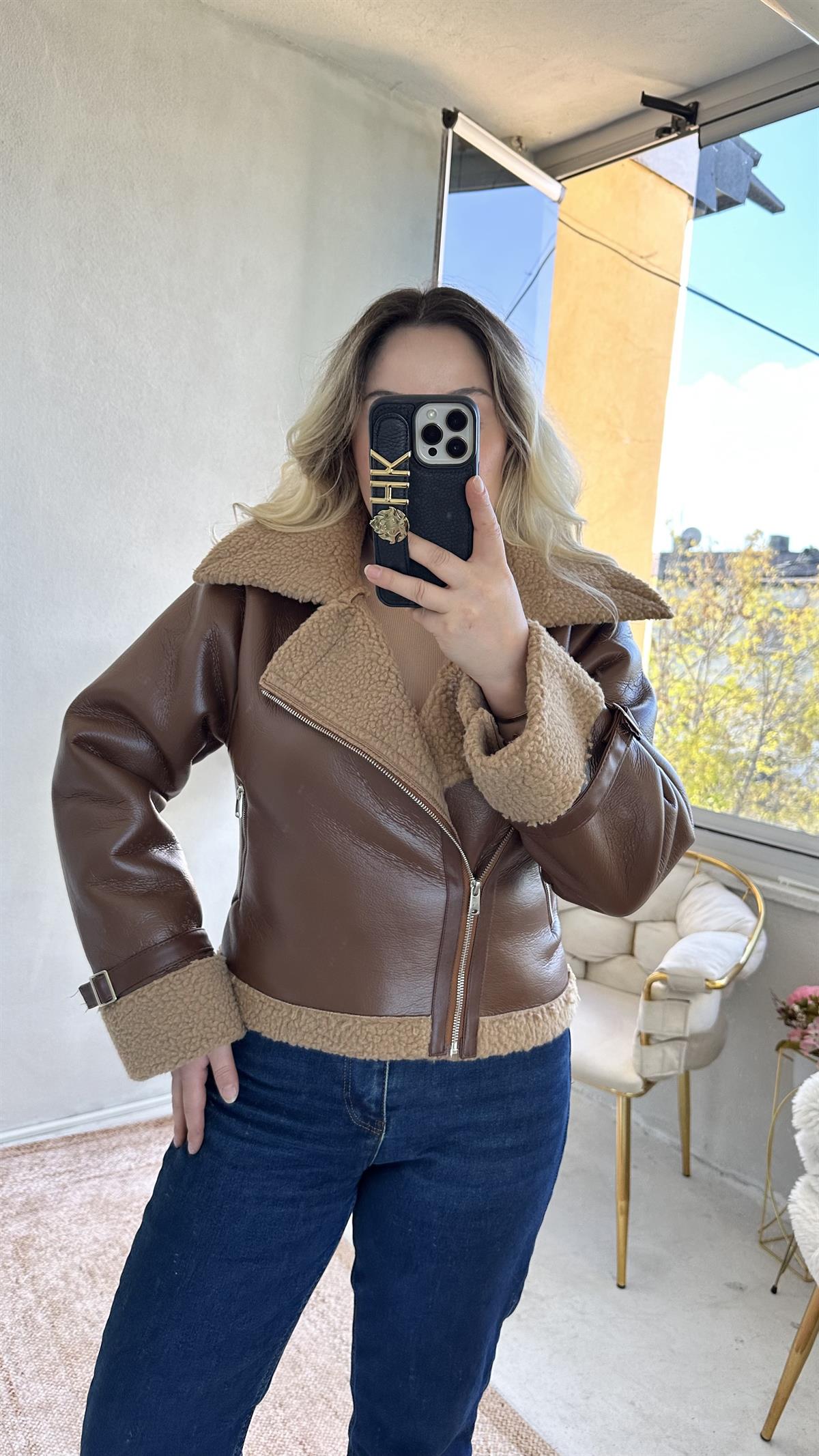 Kahve Deri İçi Peluş Biker Mont