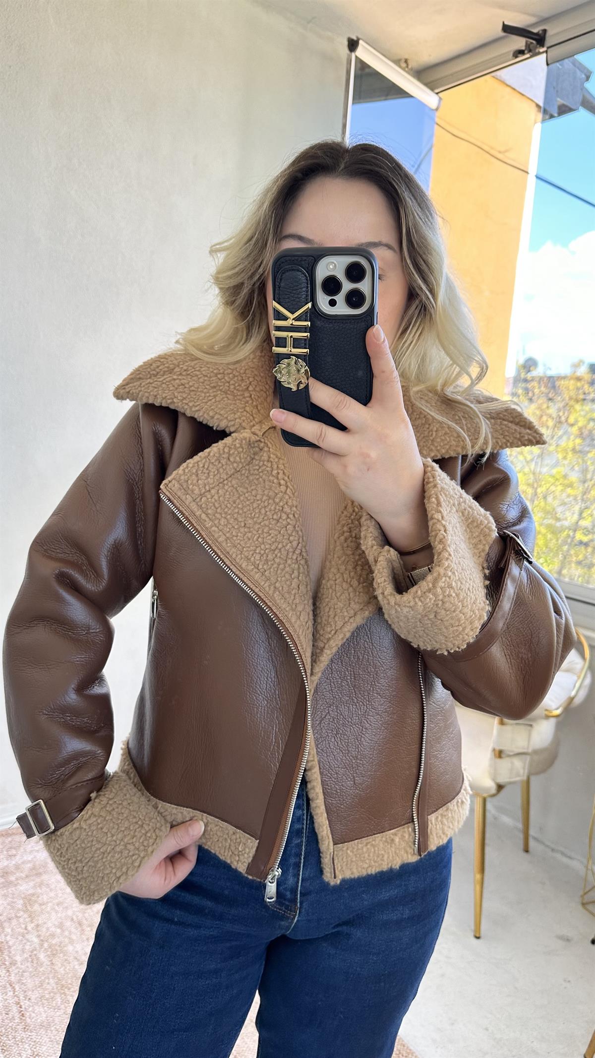 Kahve Deri İçi Peluş Biker Mont