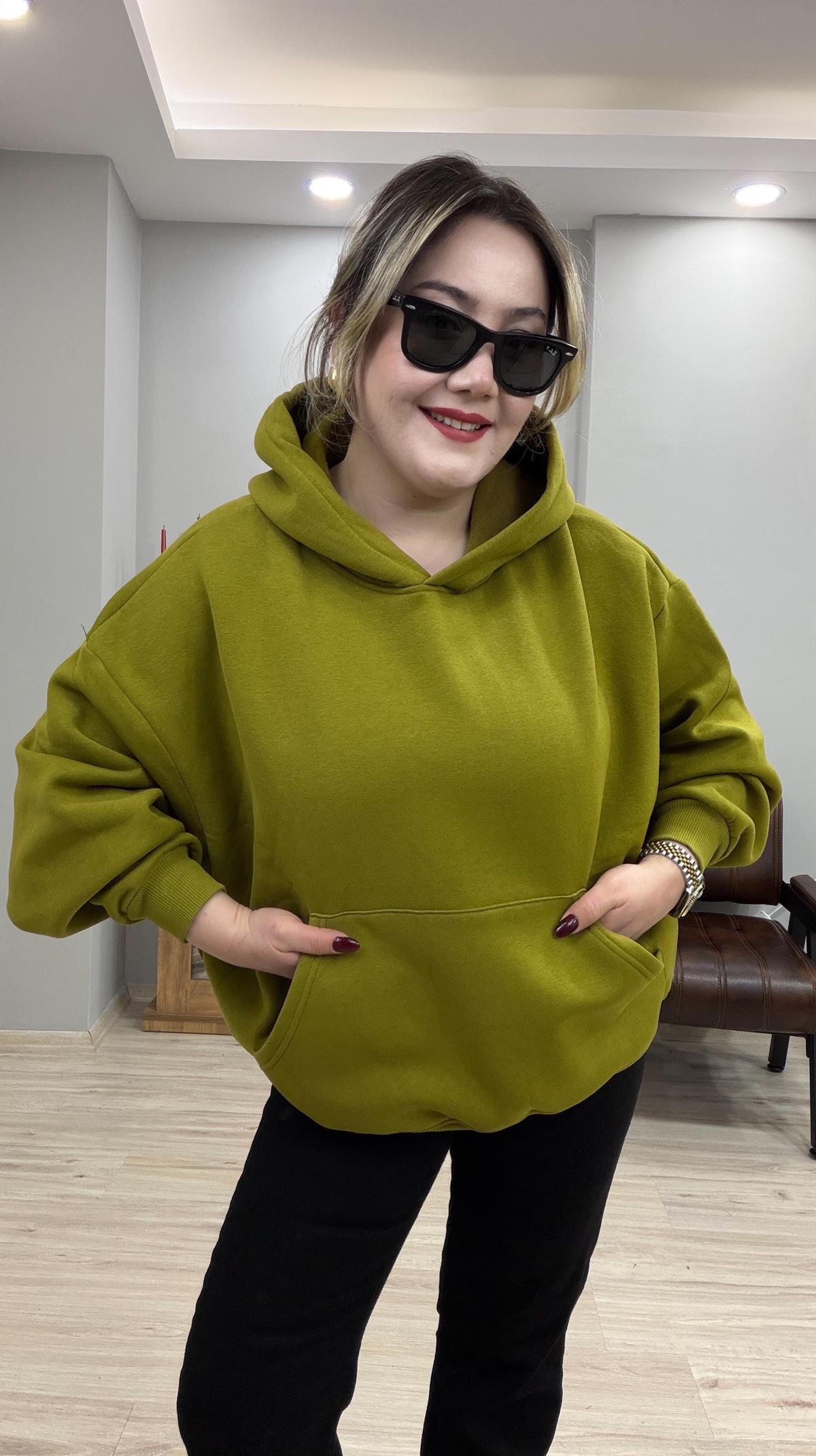 KAPÜŞONLI İÇİ ŞARDONLU SWEATSHİRT YAĞ YEŞİL