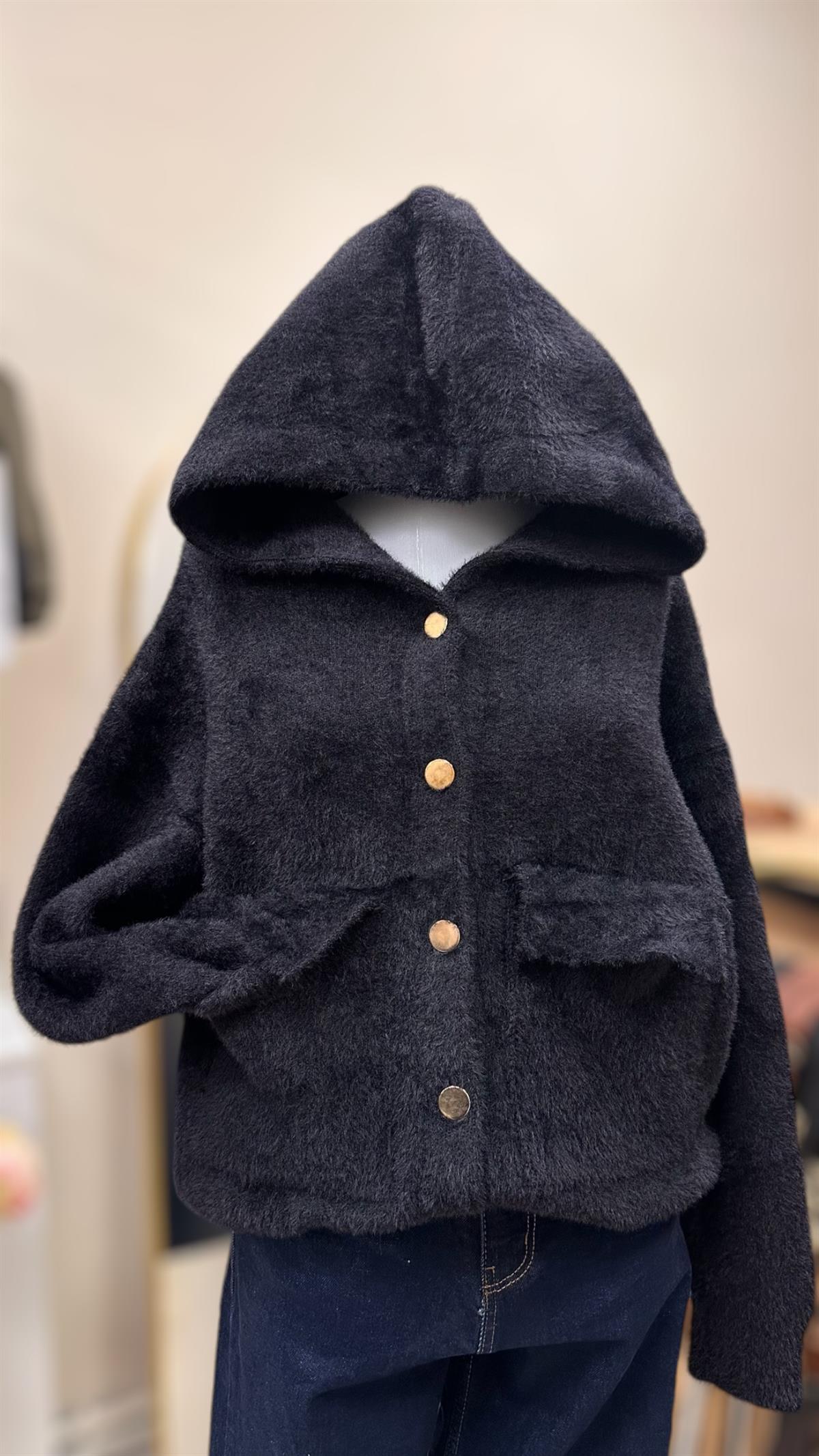KAPÜŞONLU ÇITÇITLI PELUŞ CEKET