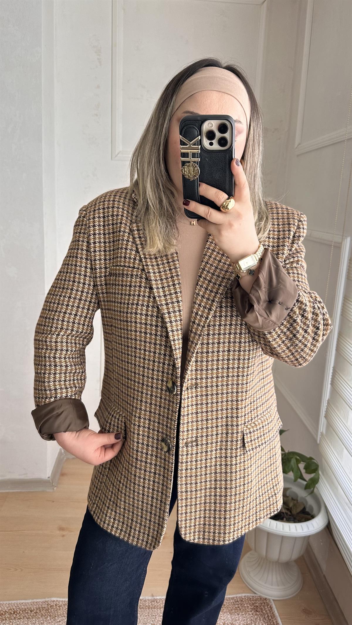 KARE DESENLİ KAŞE BLAZER CEKET