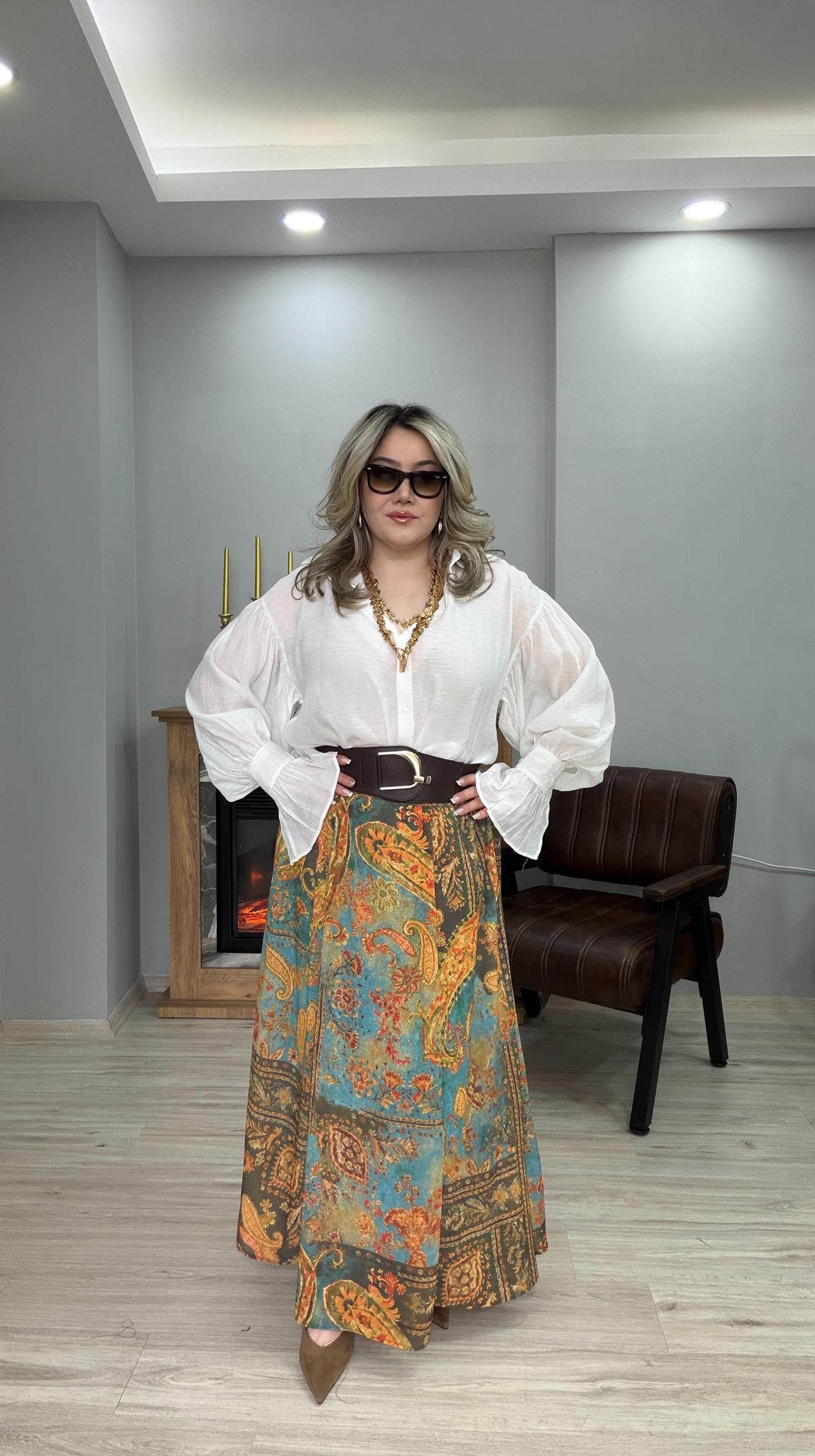 KEMERLİ DESENLİ ŞİFON ETEK 